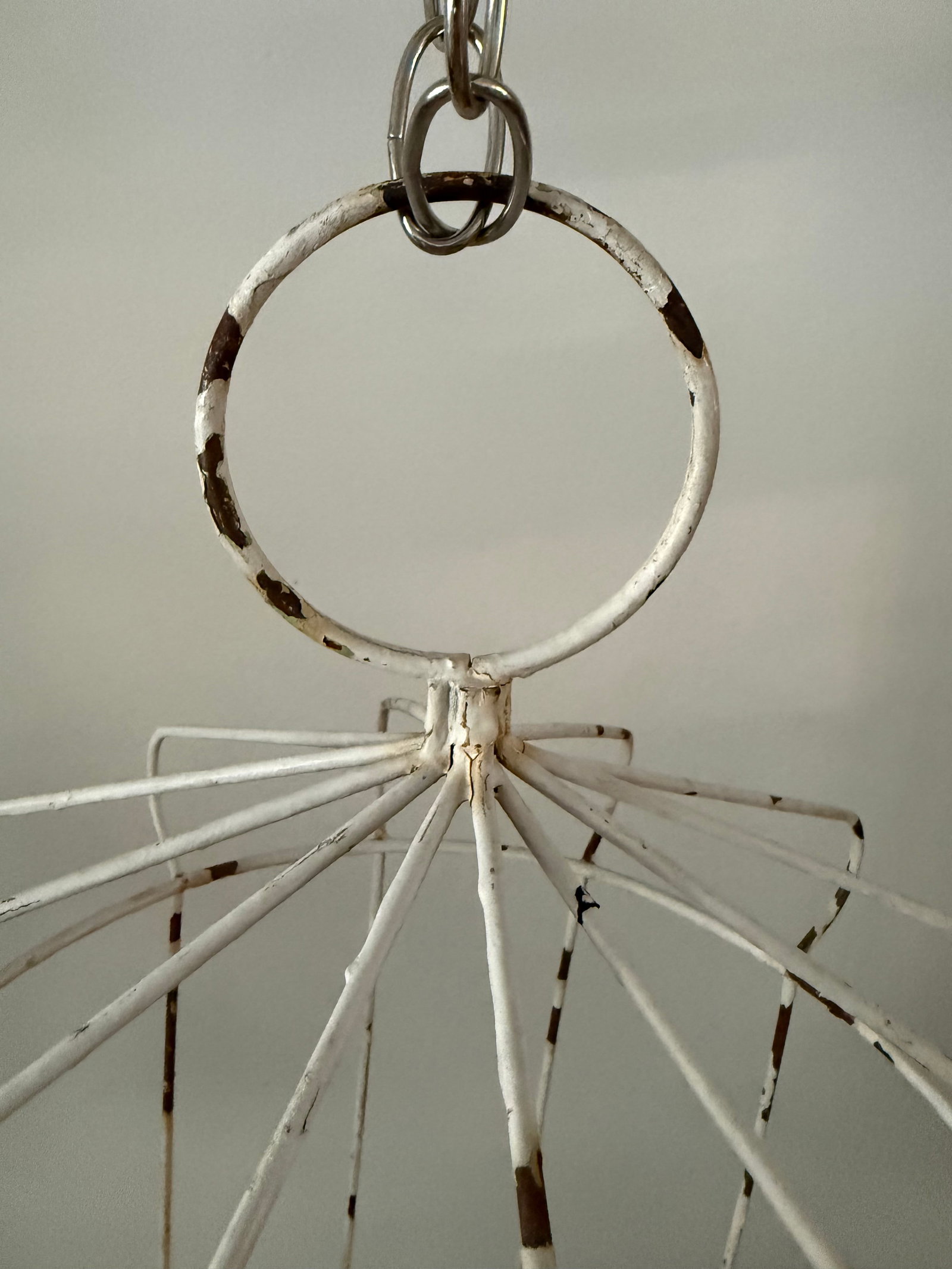 Mid-Century Modern White Wire Hanging Birdcage Plant Stand With Orange Ceramic Planter - 7