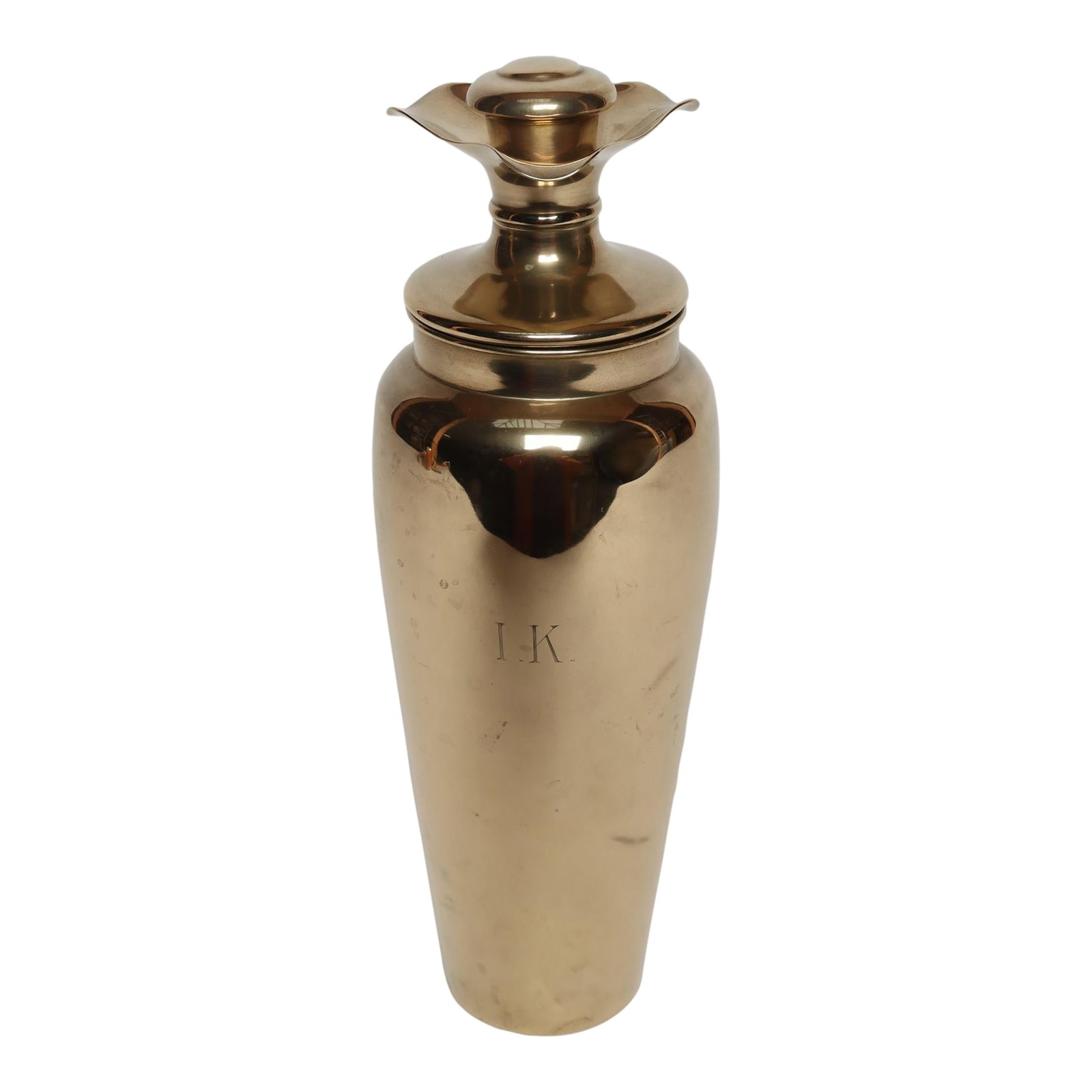 Vintage Swedish Art Deco Dirigold Goldware Cocktail Shaker With Monogrammed "Ik": Luxurious urn-form cocktail shaker monogrammed "IK" by Dirigold (ca. 1930s, USA). Dirigold was a gold-toned alloy created in 1914 by Carl Molin to appear like gold, without the downside of