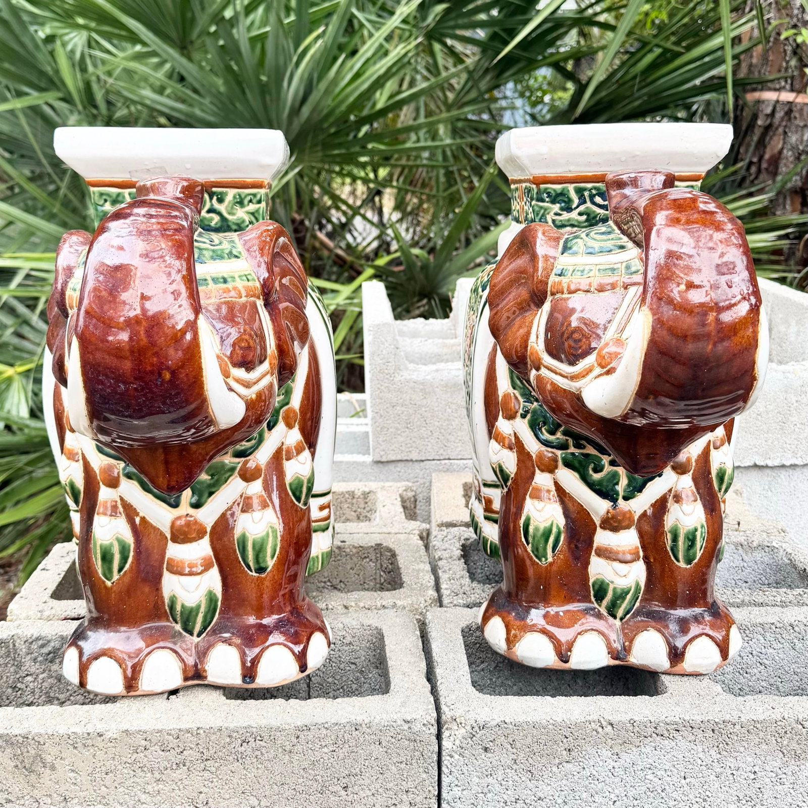 Boho Chic Painted and Glazed Ceramic Elephant Planters/Side Table - A Pair - 10