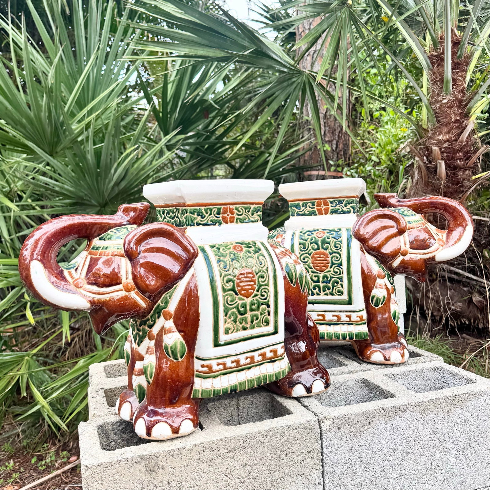 Boho Chic Painted and Glazed Ceramic Elephant Planters/Side Table - A Pair - 2