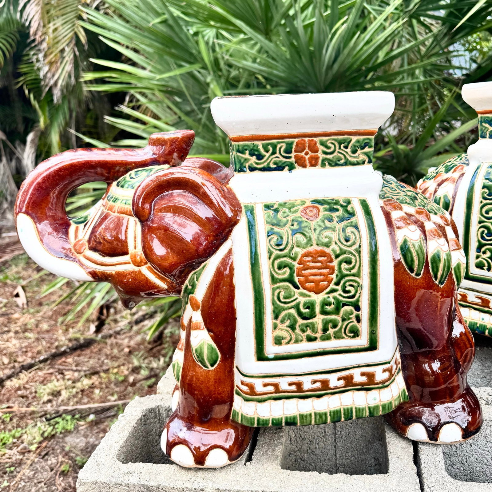 Boho Chic Painted and Glazed Ceramic Elephant Planters/Side Table - A Pair - 3