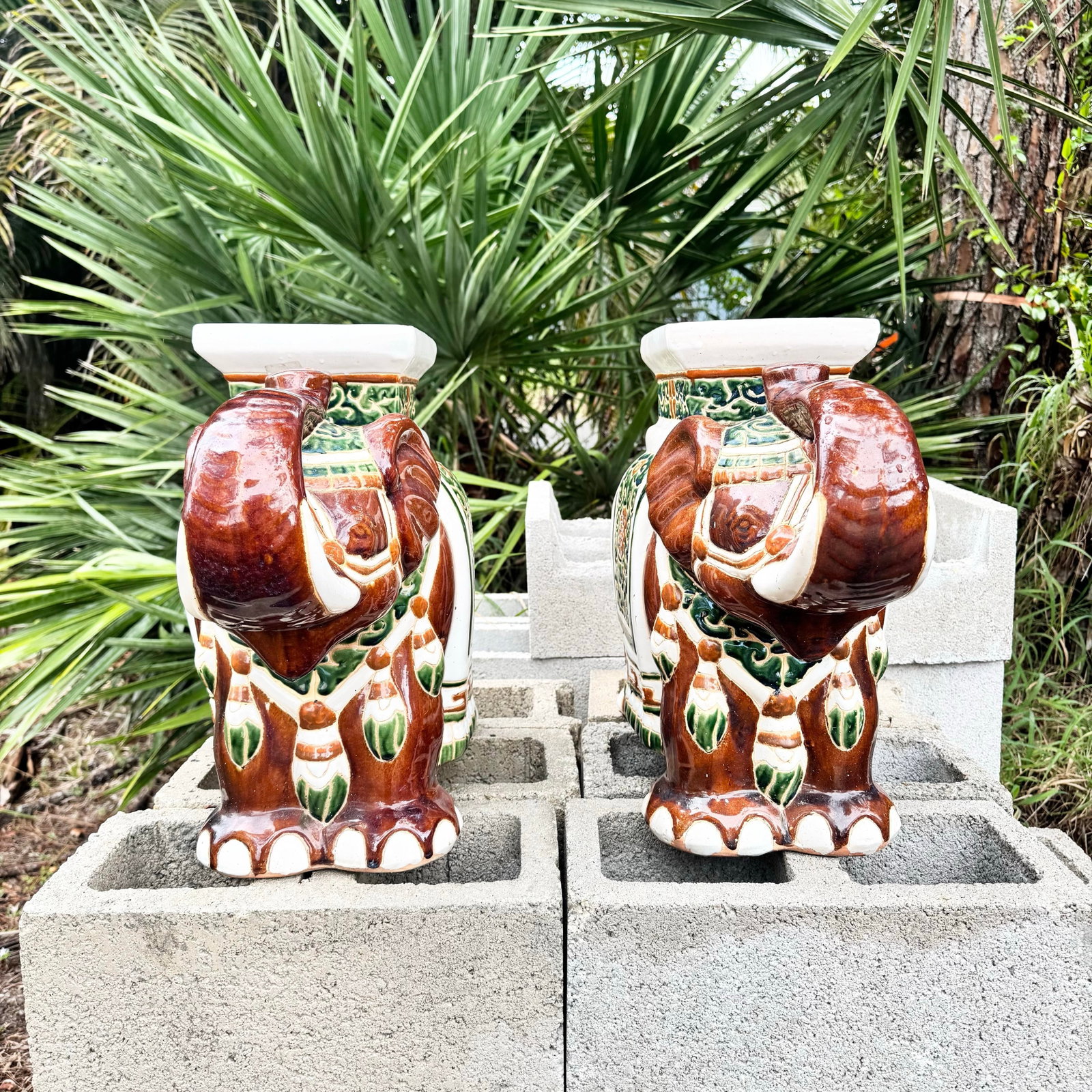Boho Chic Painted and Glazed Ceramic Elephant Planters/Side Table - A Pair - 4