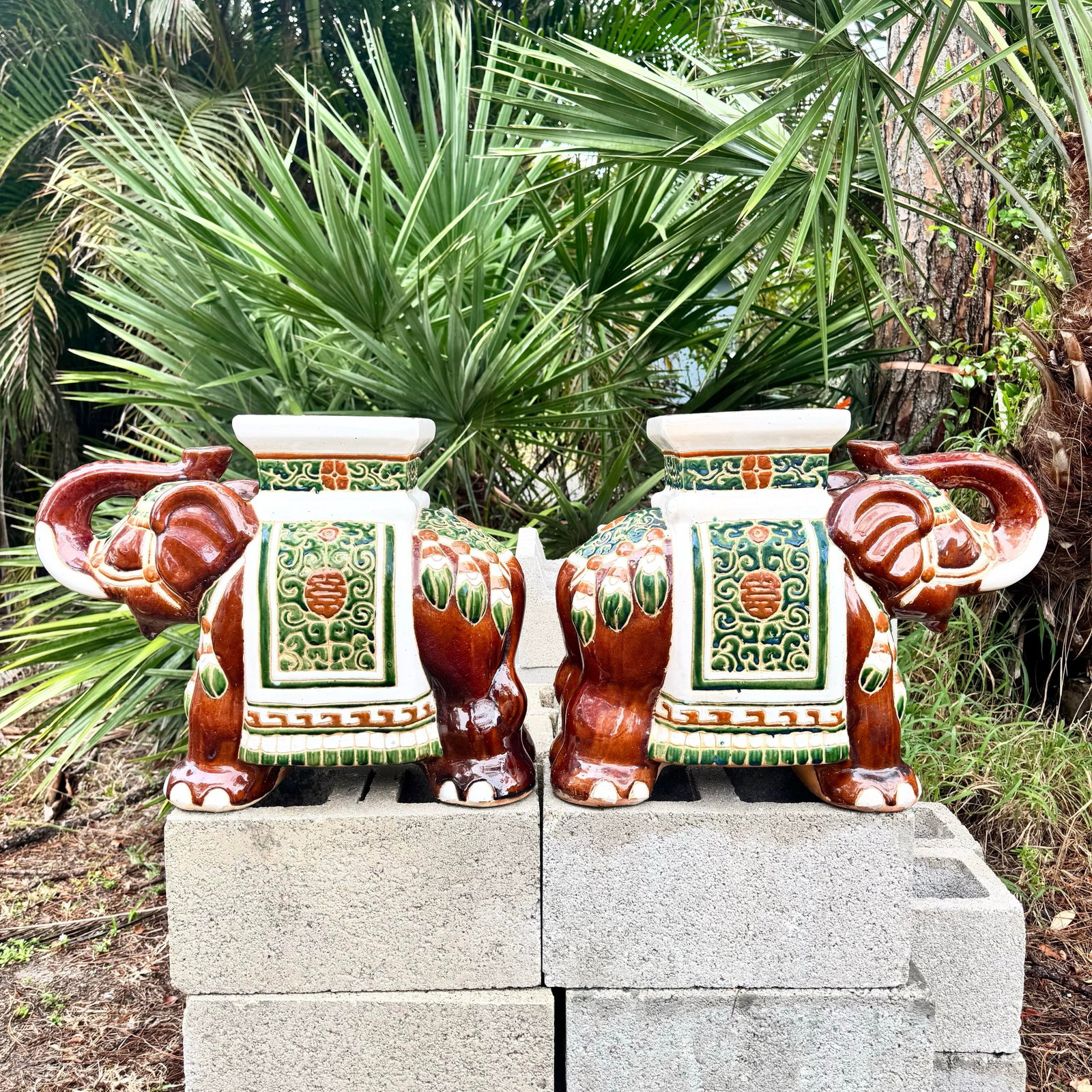 Boho Chic Painted and Glazed Ceramic Elephant Planters/Side Table - A Pair - 5