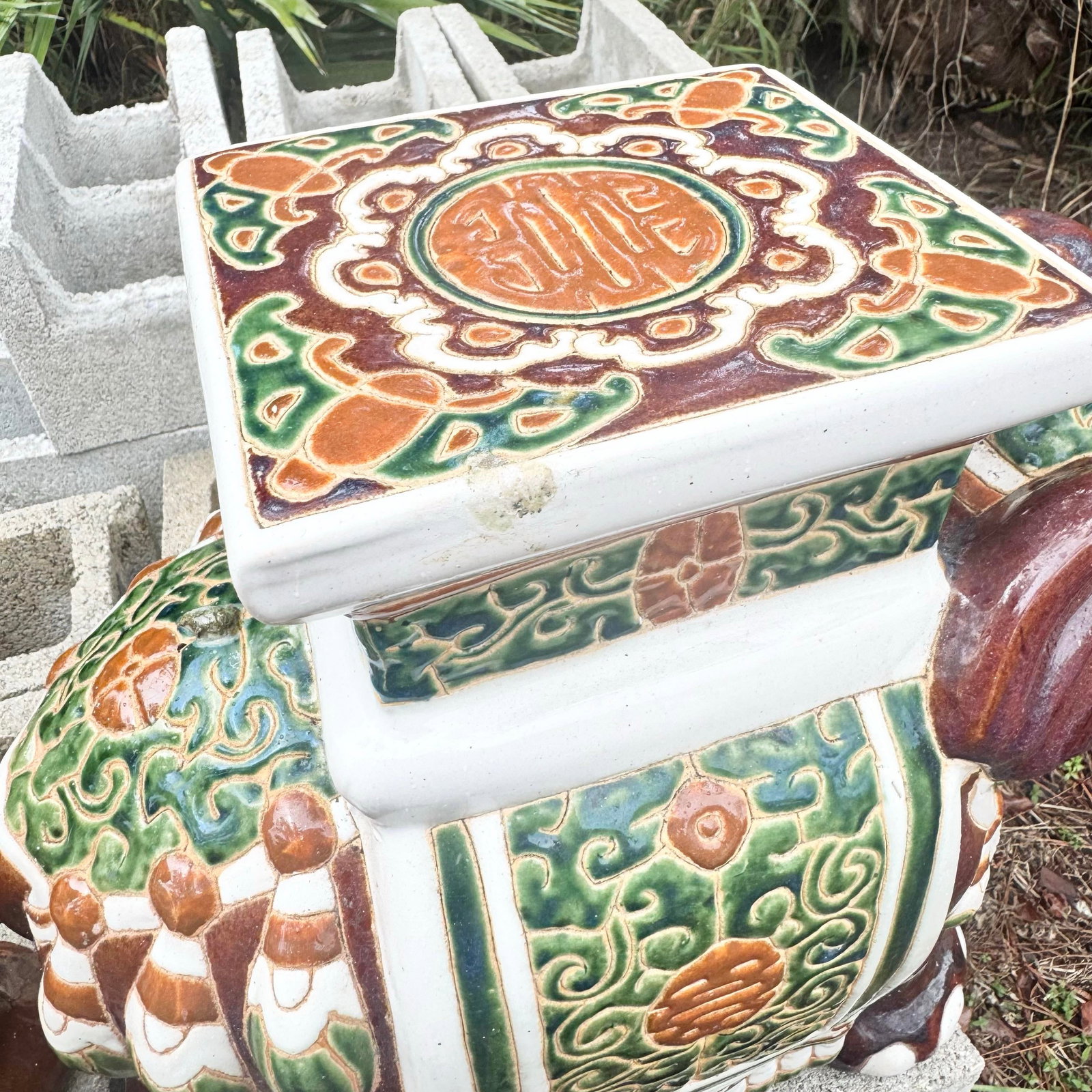 Boho Chic Painted and Glazed Ceramic Elephant Planters/Side Table - A Pair - 6