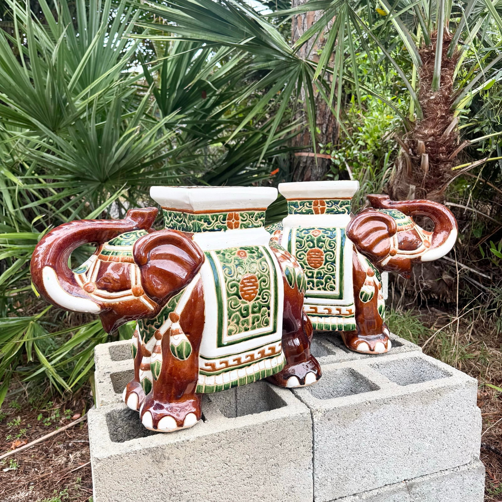 Boho Chic Painted and Glazed Ceramic Elephant Planters/Side Table - A Pair - 7