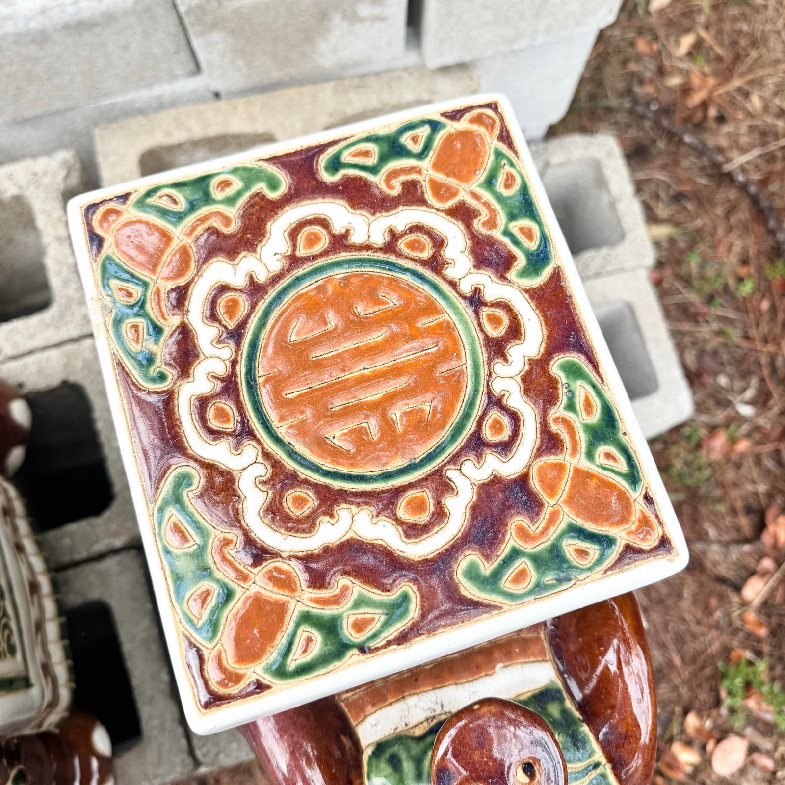 Boho Chic Painted and Glazed Ceramic Elephant Planters/Side Table - A Pair - 8