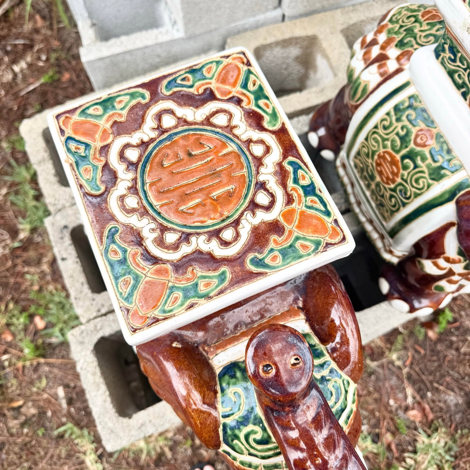 Boho Chic Painted and Glazed Ceramic Elephant Planters/Side Table - A Pair - 9