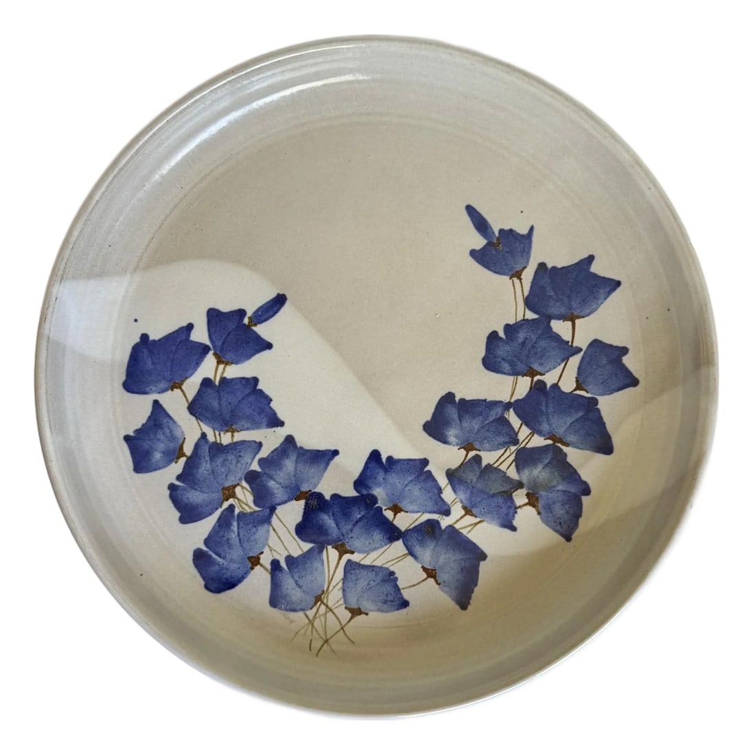 Vintage Studio Pottery Platter With Blue Floral Motif, Signed CHR: Here is a large, statement vintage studio pottery platter, likely dating to the later mid-century. The piece features a soft, warm 2-tone neutral glaze with a hand-painted cobalt blue floral motif