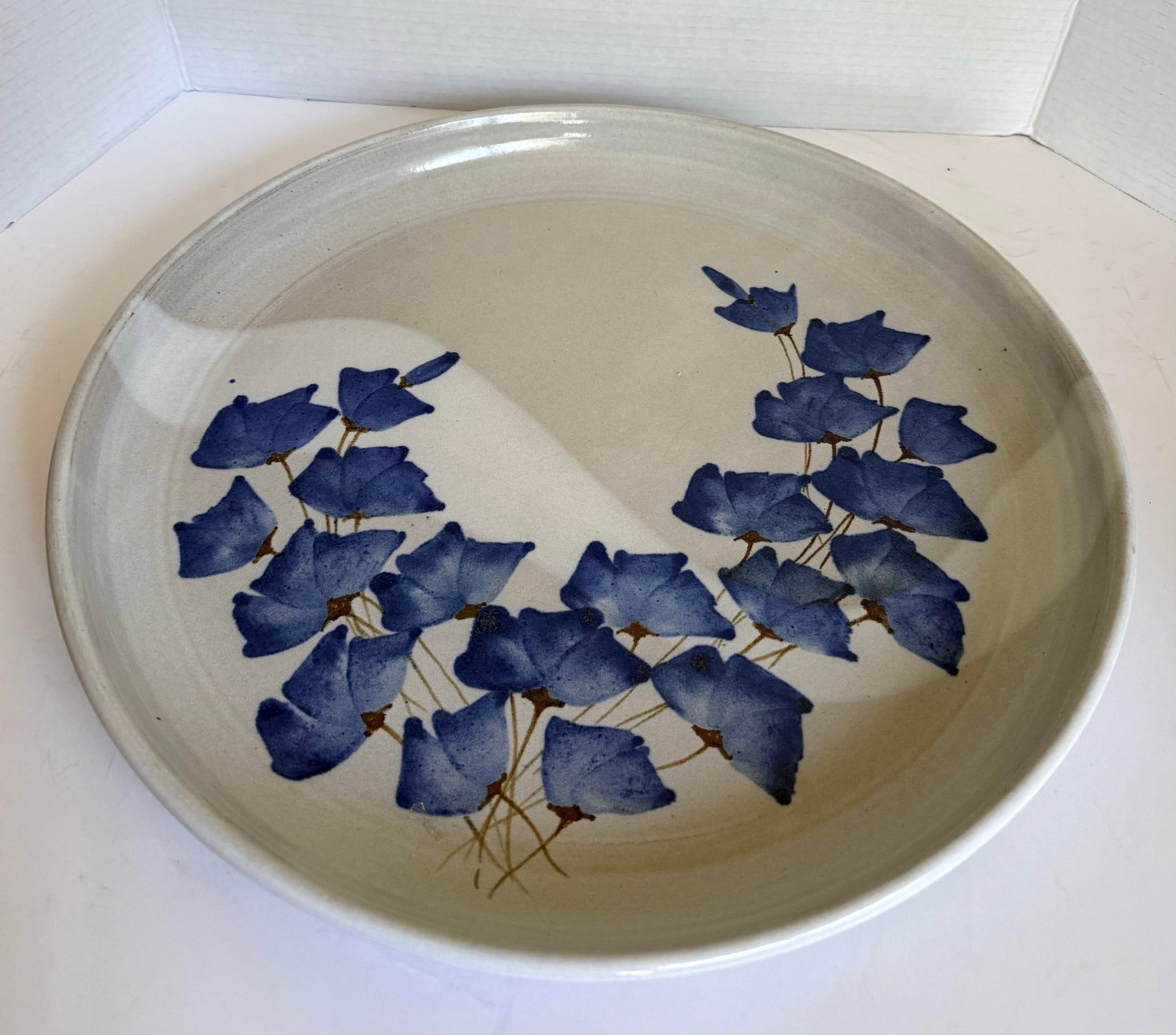 Vintage Studio Pottery Platter With Blue Floral Motif, Signed CHR - 5