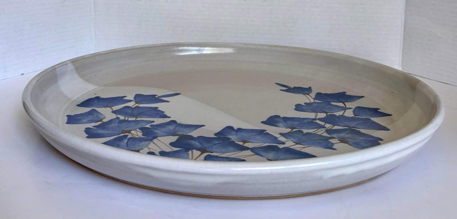 Vintage Studio Pottery Platter With Blue Floral Motif, Signed CHR - 6