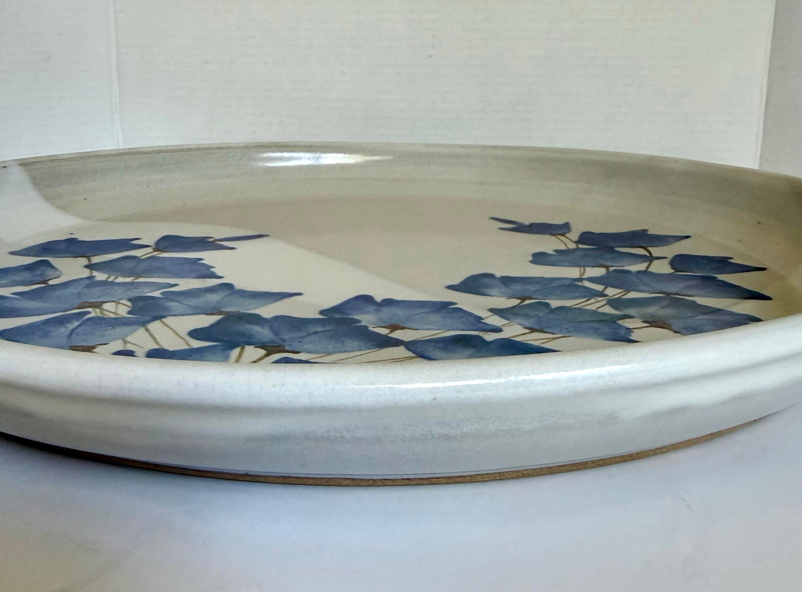 Vintage Studio Pottery Platter With Blue Floral Motif, Signed CHR - 7