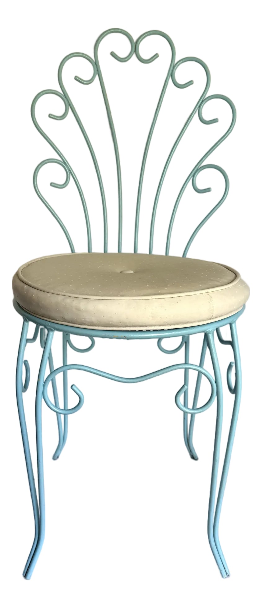 Vintage Aqua Wrought Iron Vanity Chair With Shell-Shaped Scroll Back & Cushion: This vintage vanity chair, likely dating to the 1960s, features a beautifully sculptural wrought iron frame with an elegant shell-inspired back formed from graceful scrolling lines. Finished in a