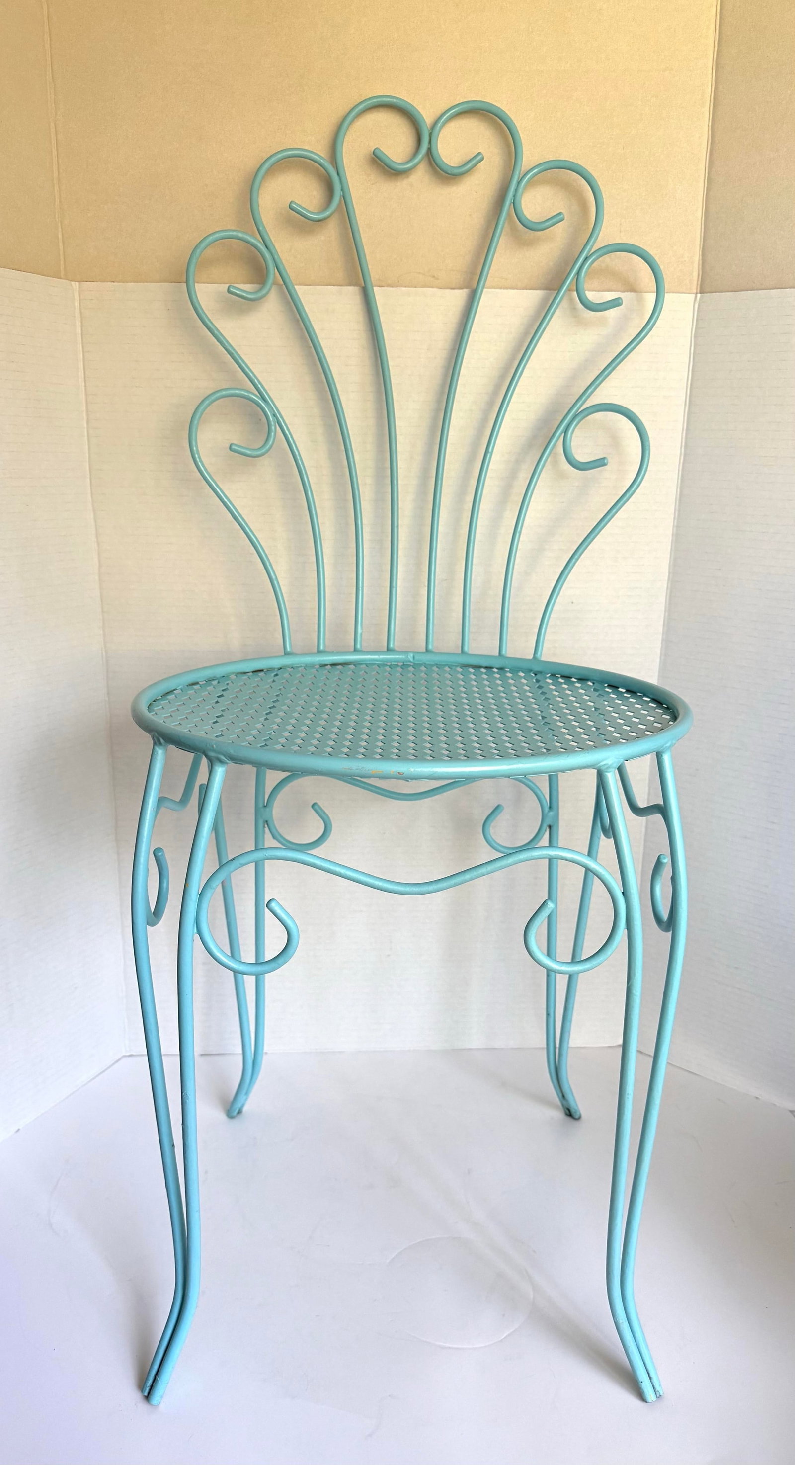 Vintage Aqua Wrought Iron Vanity Chair With Shell-Shaped Scroll Back & Cushion - 2