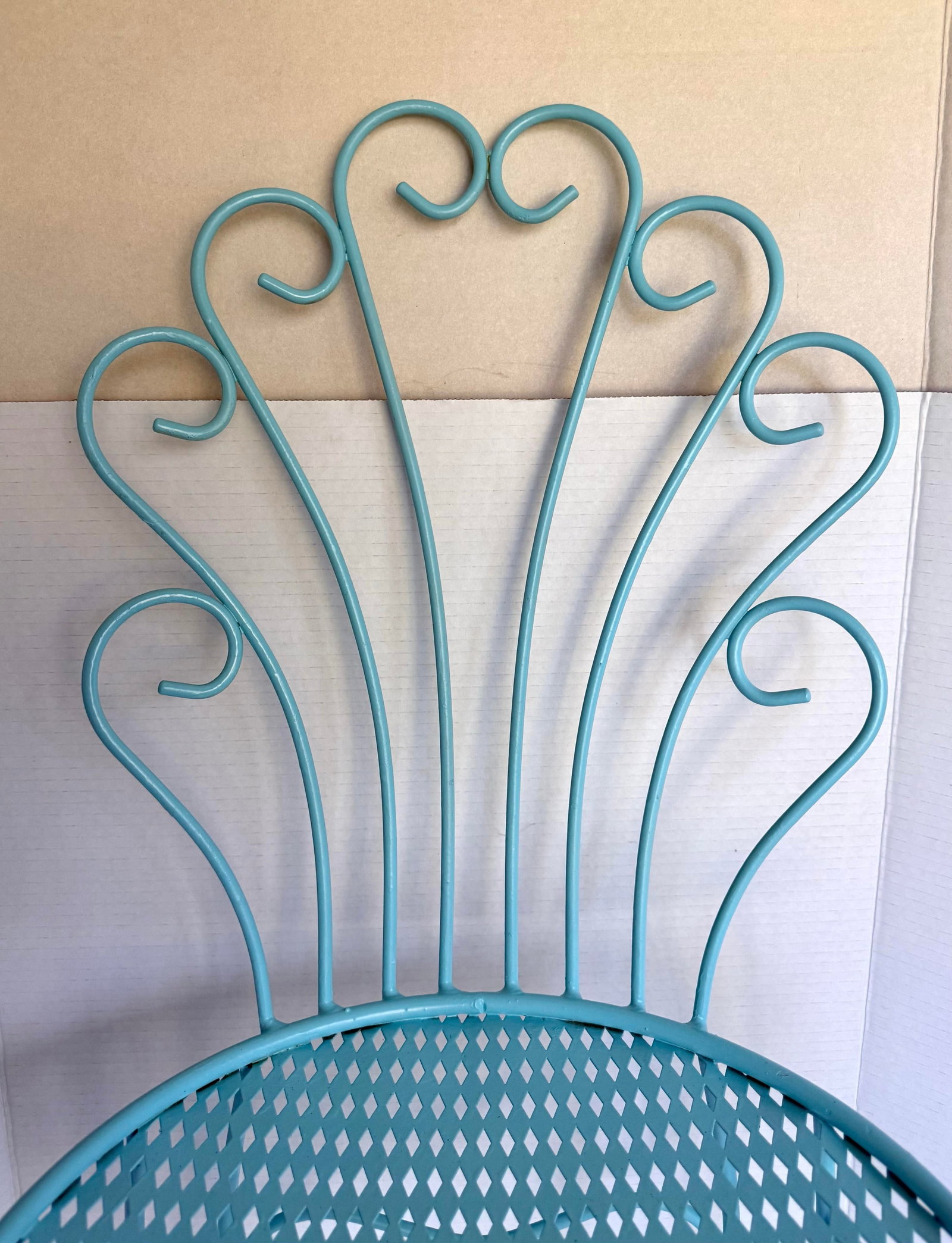 Vintage Aqua Wrought Iron Vanity Chair With Shell-Shaped Scroll Back & Cushion - 3