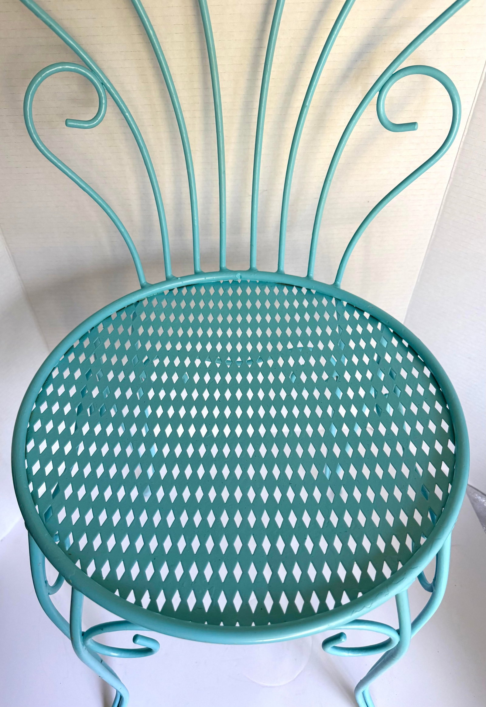 Vintage Aqua Wrought Iron Vanity Chair With Shell-Shaped Scroll Back & Cushion - 4