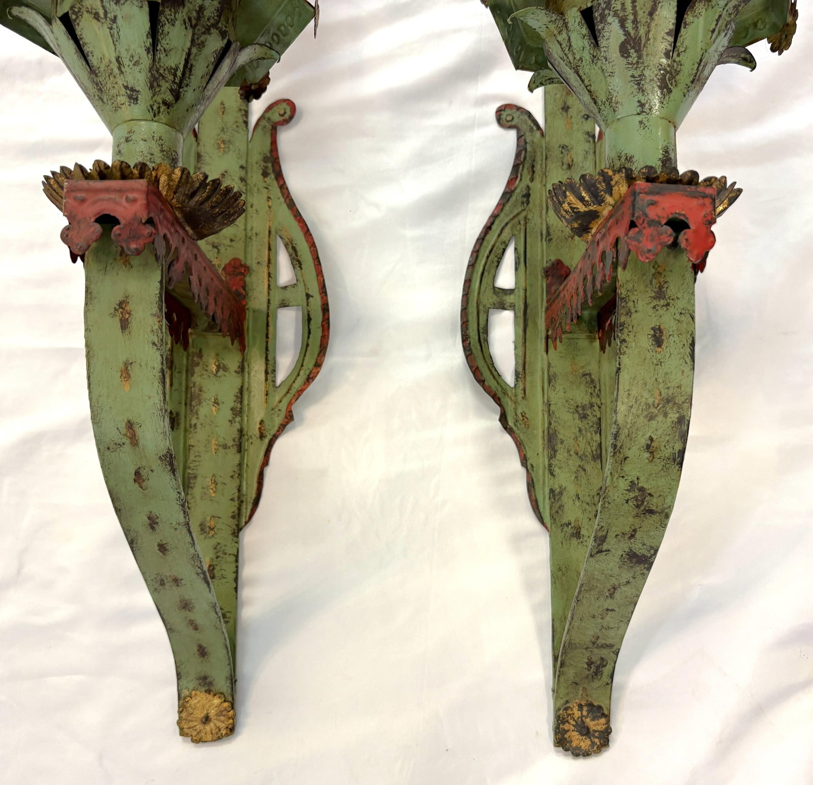 Vintage Italian Venetian Style Painted Tole Wall Sconce Candle Lanterns- A Pair - 10