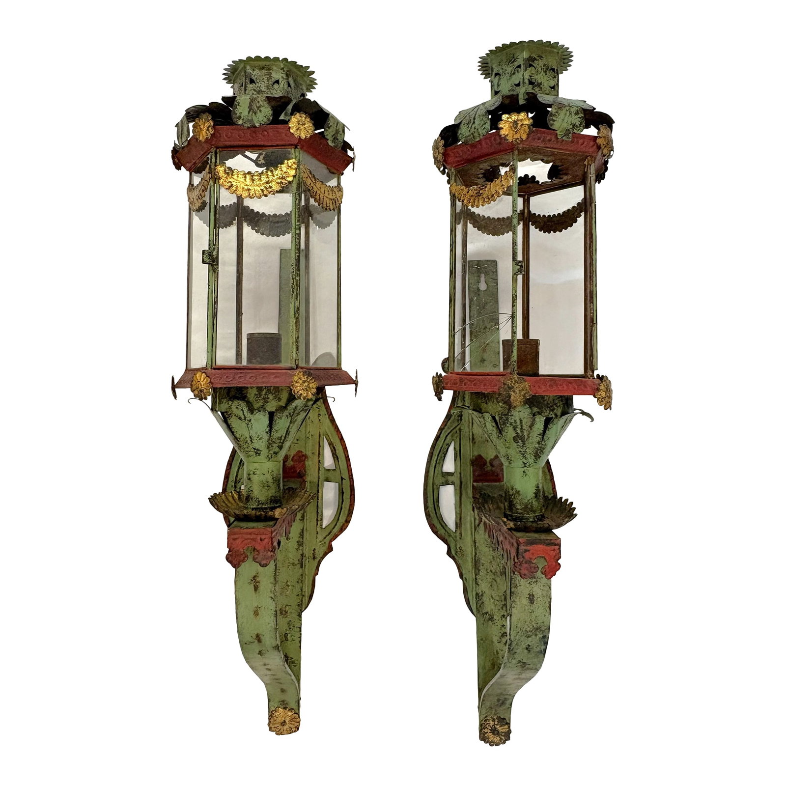 Vintage Italian Venetian Style Painted Tole Wall Sconce Candle Lanterns- A Pair (1 of 18)