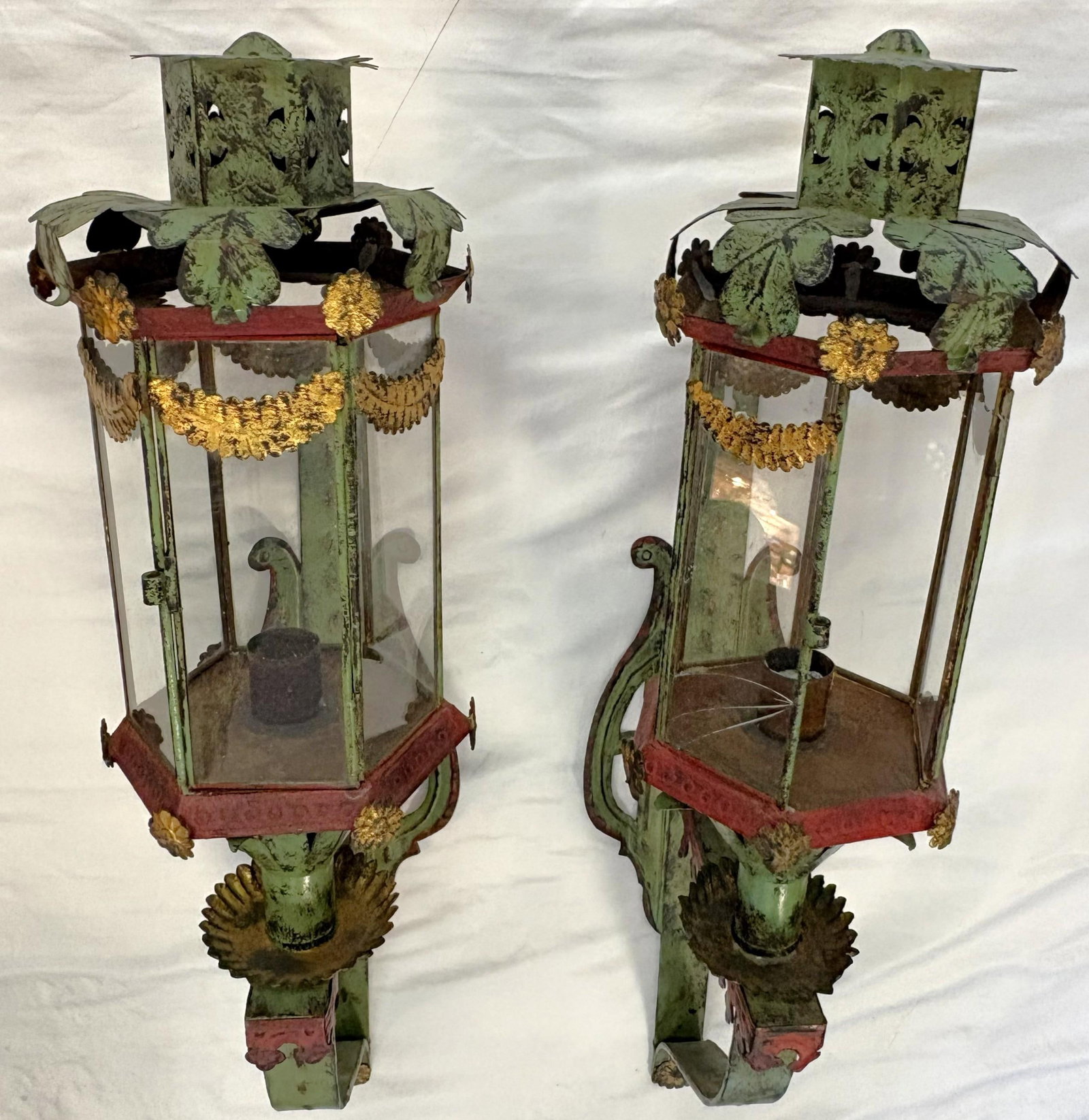 Vintage Italian Venetian Style Painted Tole Wall Sconce Candle Lanterns- A Pair - 3