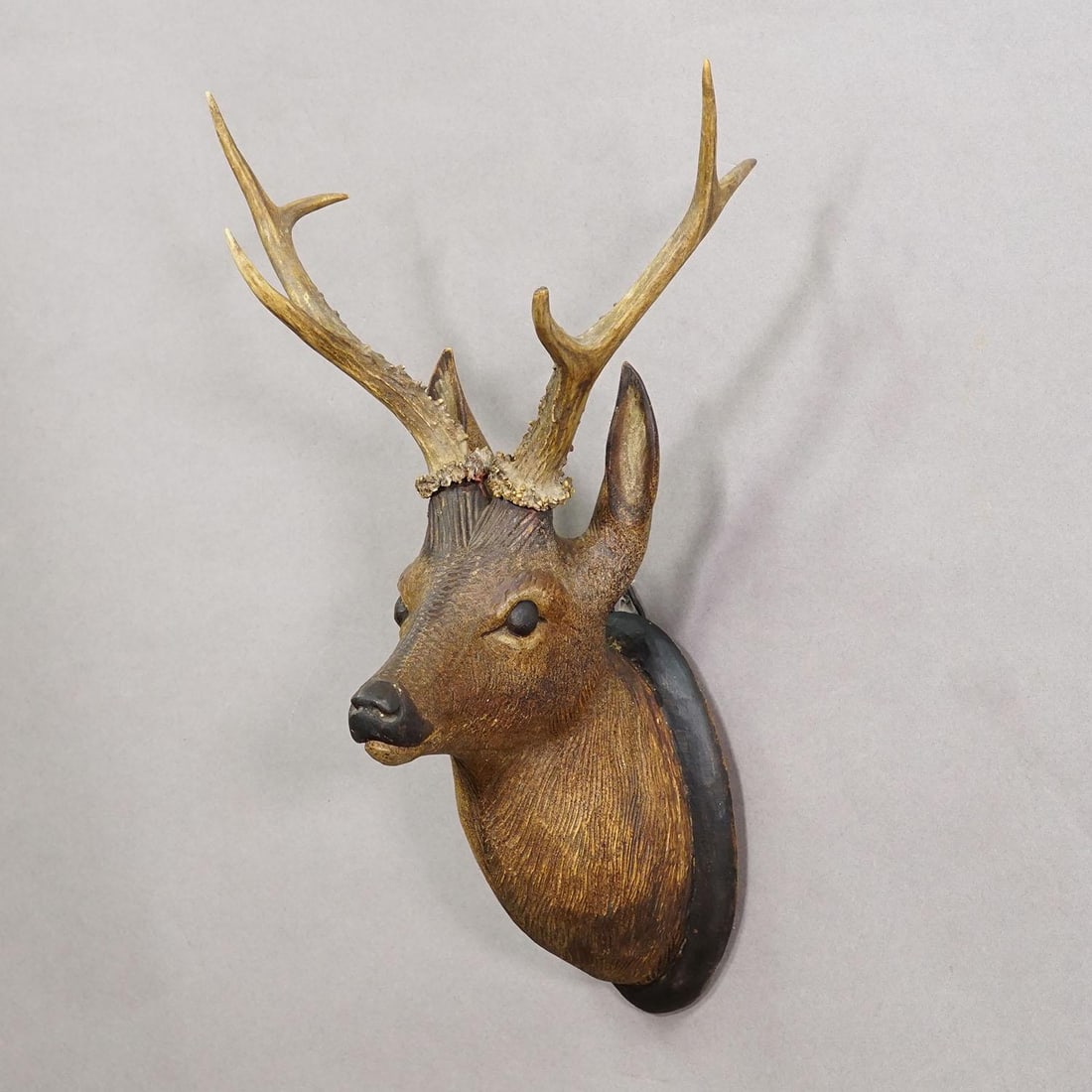 Large Naturalistic Black Forest Carved Deer Head, Ca. 1930s - 3