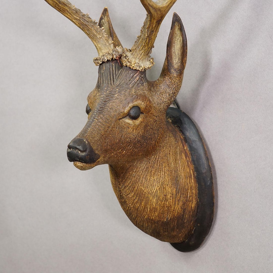 Large Naturalistic Black Forest Carved Deer Head, Ca. 1930s - 4