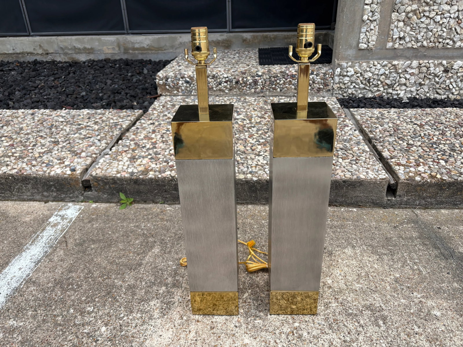 1980s Frederick Cooper Stainless Steel and Brass Lamps - a Pair - 12