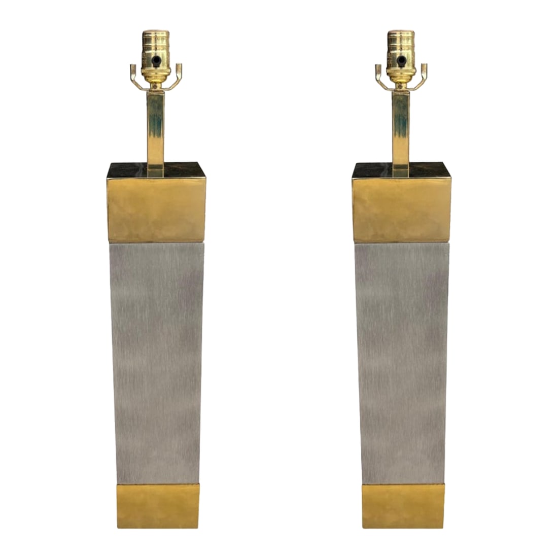 1980s Frederick Cooper Stainless Steel and Brass Lamps - a Pair: Pair Of Frederick Cooper Stainless Steel And Brass Lamps. Offered is a large pair of Post-Modern table lamps with brushed stainless steel columns accented with polished brass tops and bottoms. This