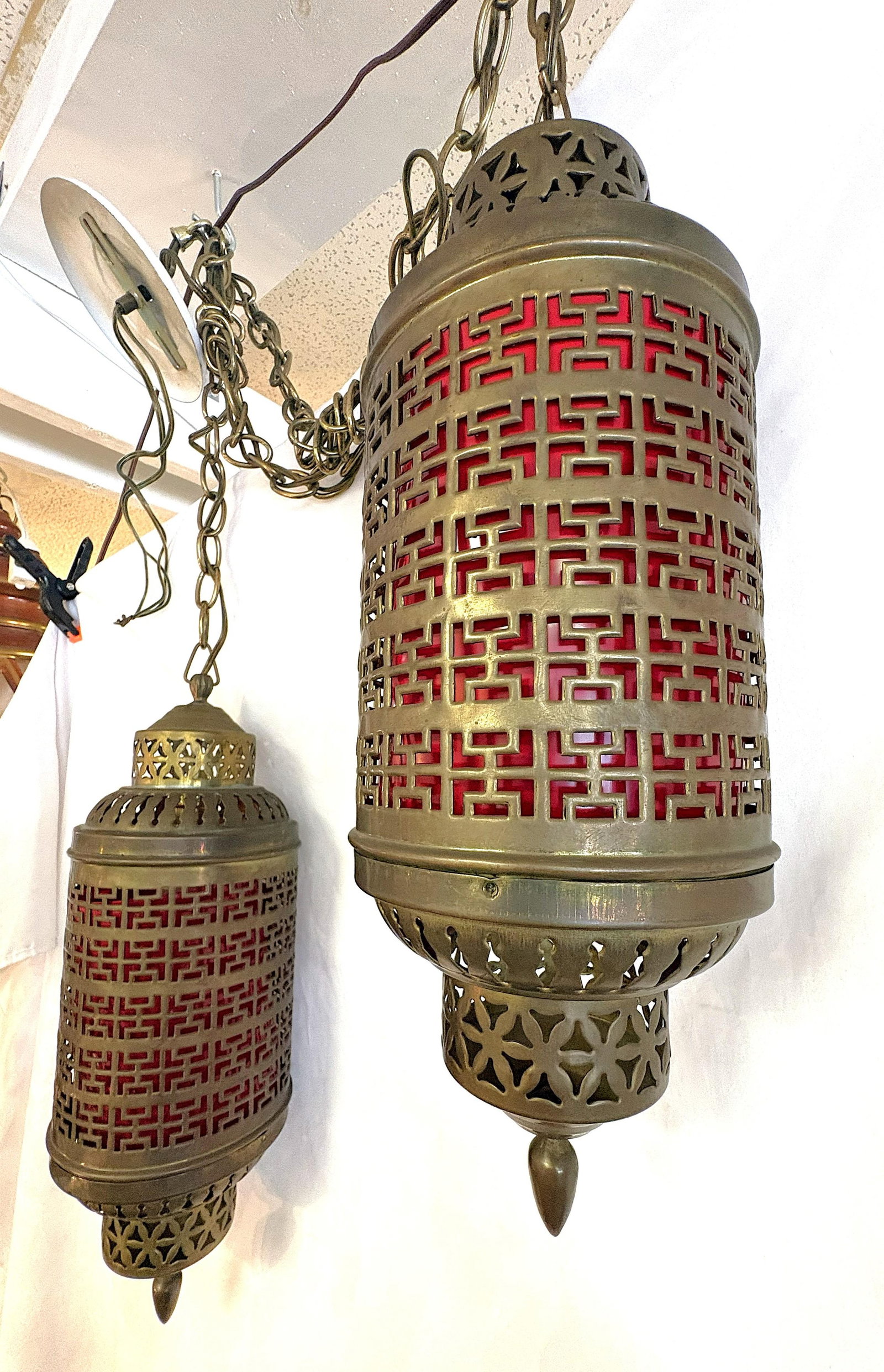 1900's Middle Eastern Hammered & Pierced Brass Swag Electrified Lanterns With Red Liner- A Pair - 10