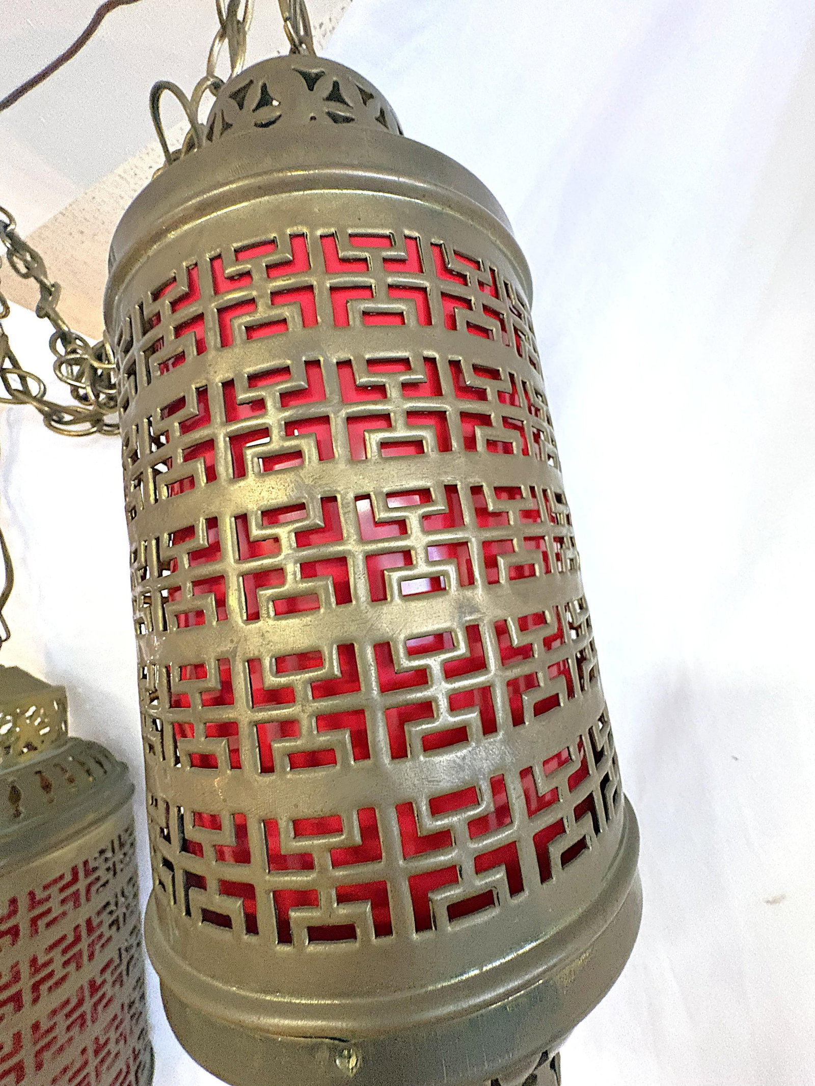 1900's Middle Eastern Hammered & Pierced Brass Swag Electrified Lanterns With Red Liner- A Pair - 11