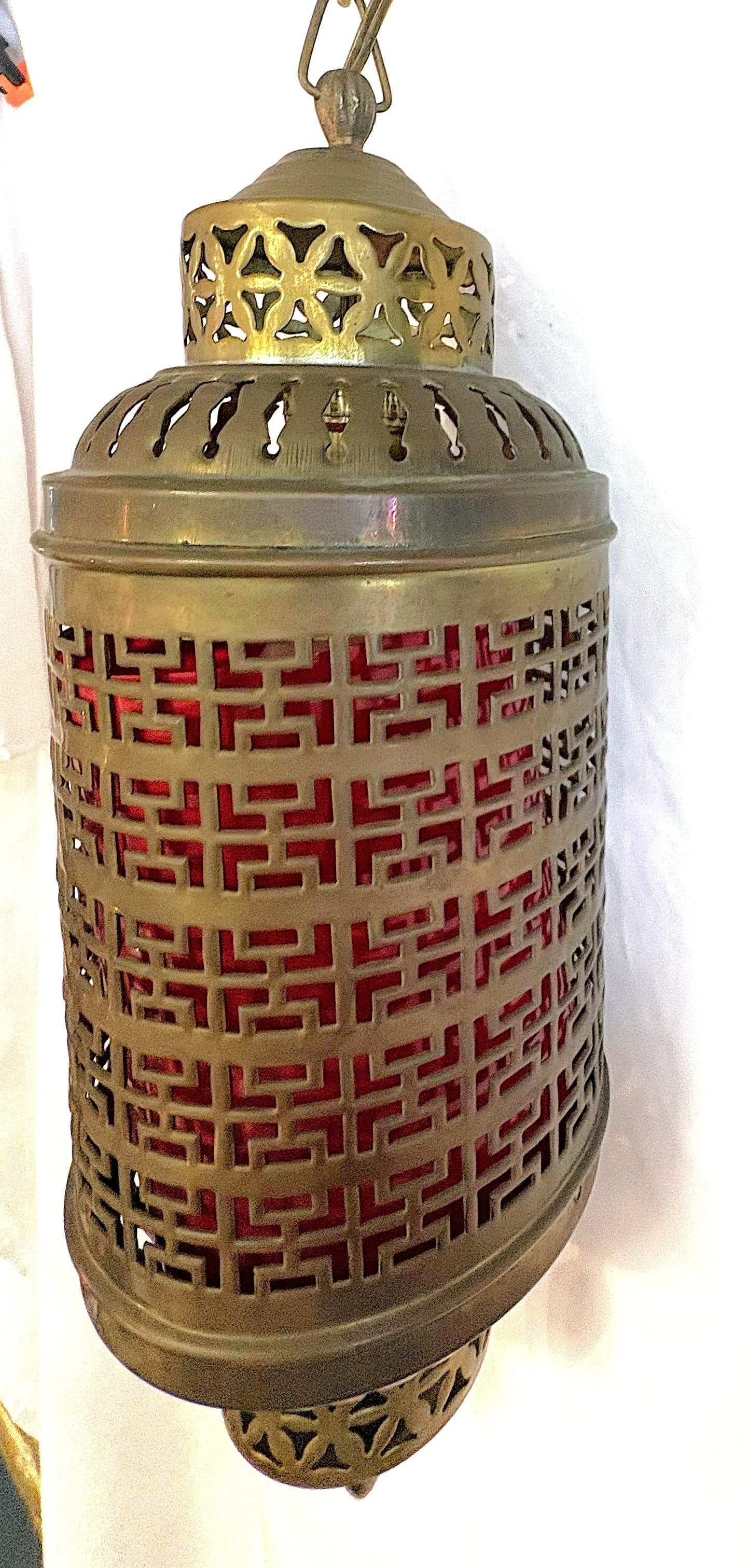 1900's Middle Eastern Hammered & Pierced Brass Swag Electrified Lanterns With Red Liner- A Pair - 12