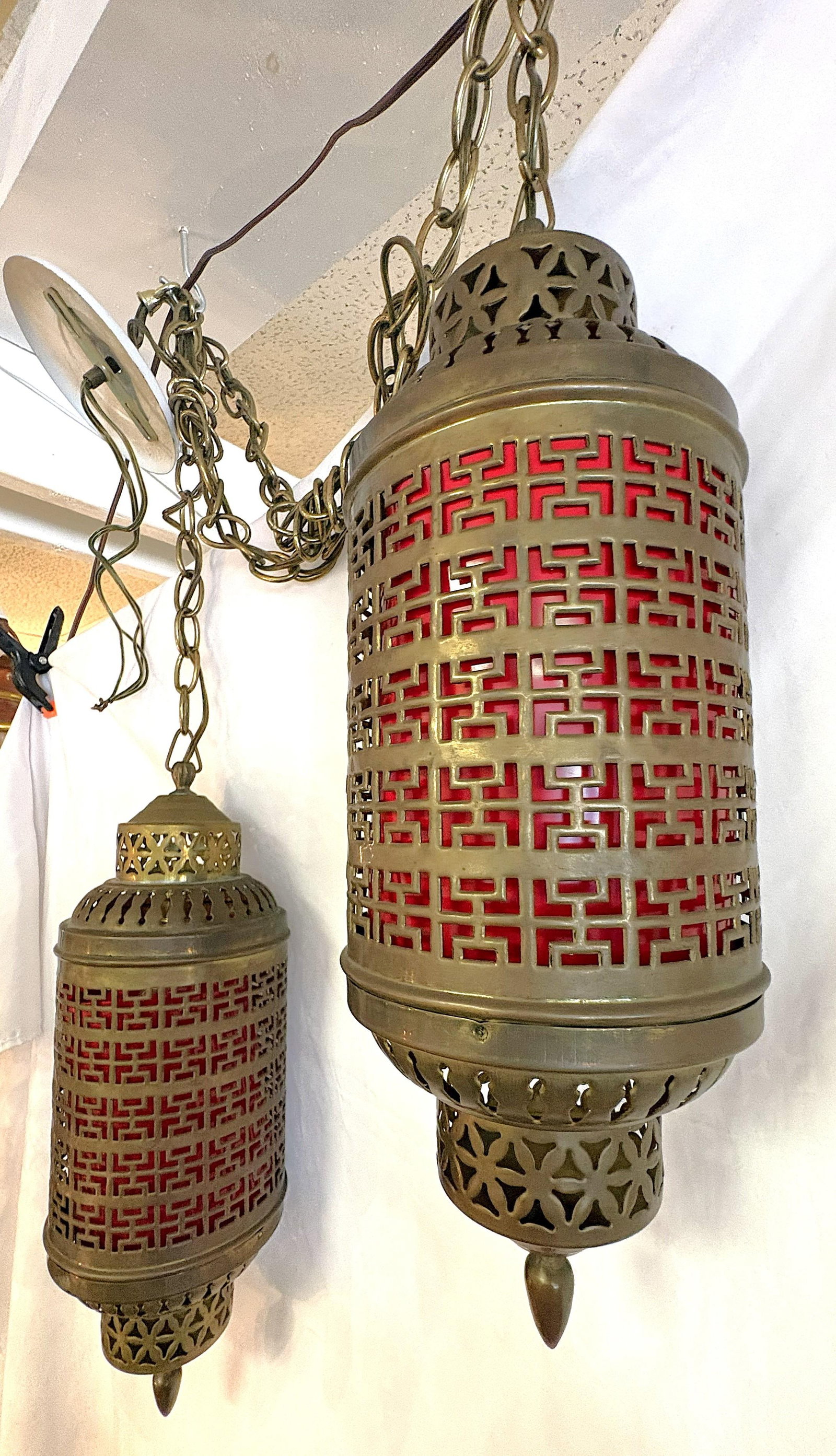 1900's Middle Eastern Hammered & Pierced Brass Swag Electrified Lanterns With Red Liner- A Pair - 13