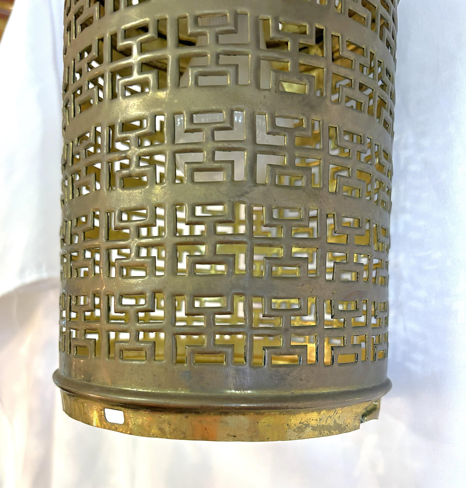 1900's Middle Eastern Hammered & Pierced Brass Swag Electrified Lanterns With Red Liner- A Pair - 14