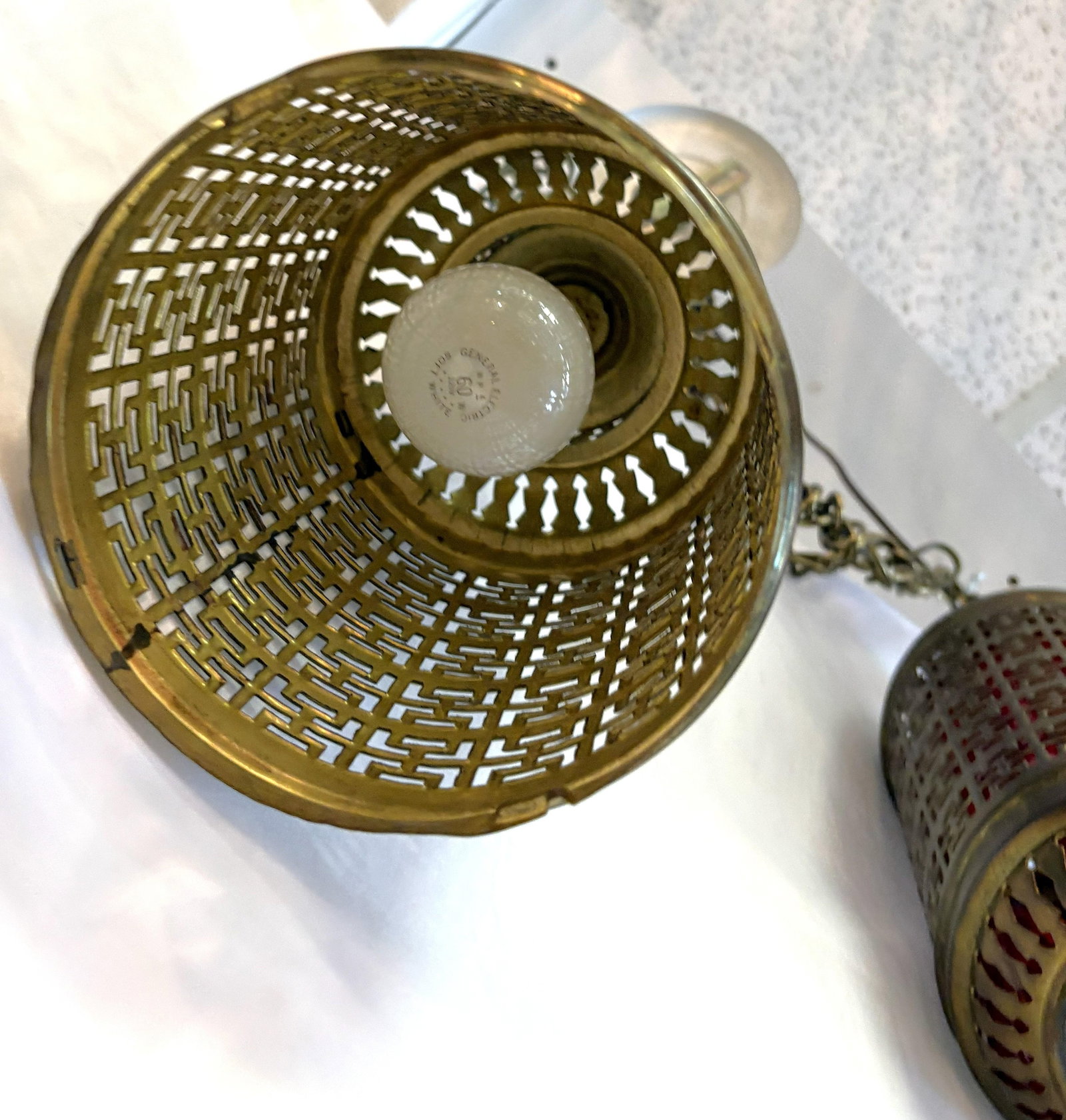 1900's Middle Eastern Hammered & Pierced Brass Swag Electrified Lanterns With Red Liner- A Pair - 17