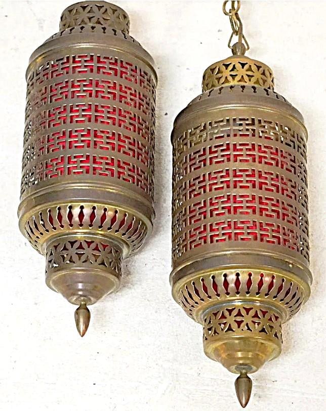 1900's Middle Eastern Hammered & Pierced Brass Swag Electrified Lanterns With Red Liner- A Pair - 2
