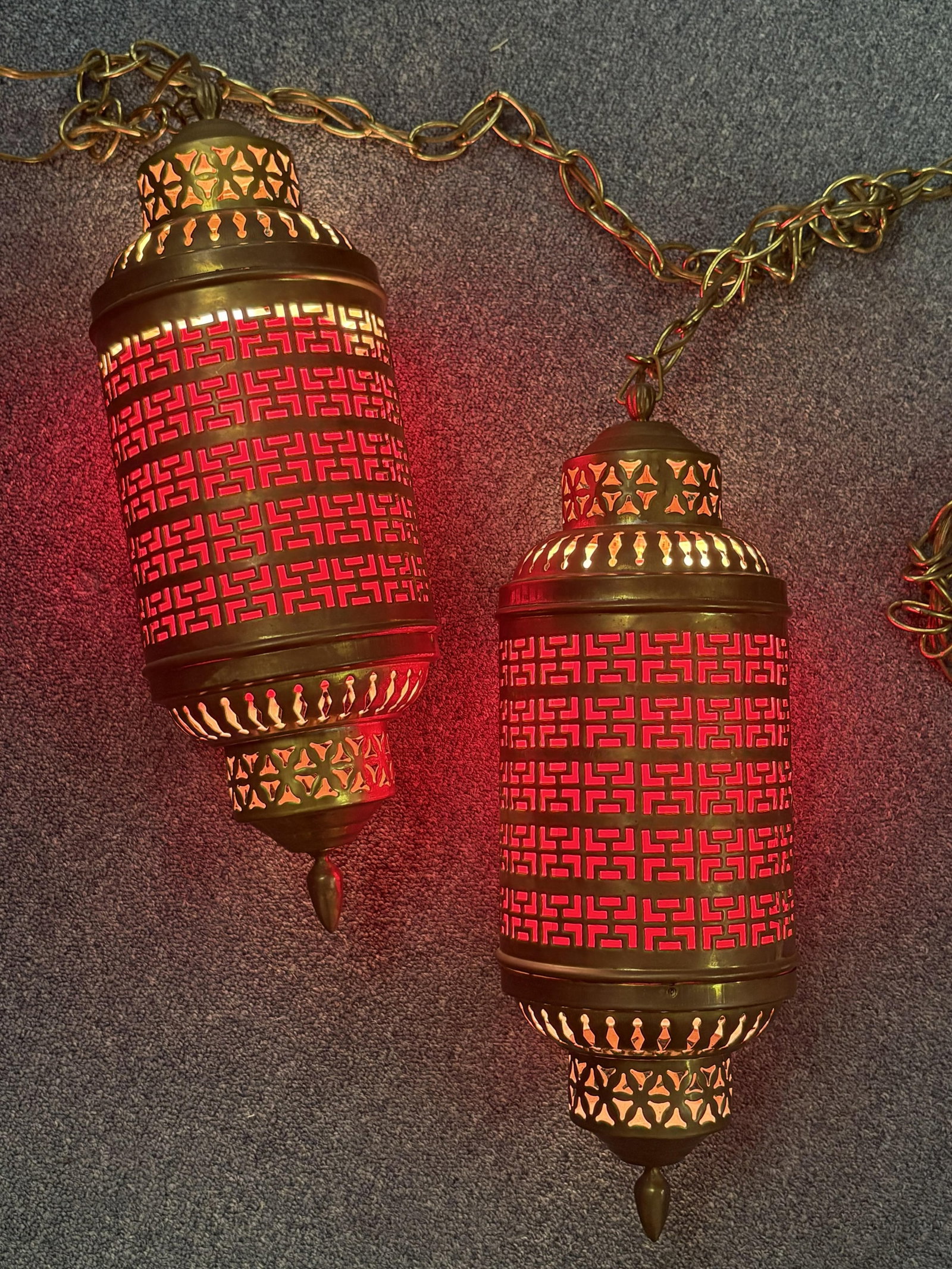 1900's Middle Eastern Hammered & Pierced Brass Swag Electrified Lanterns With Red Liner- A Pair - 3