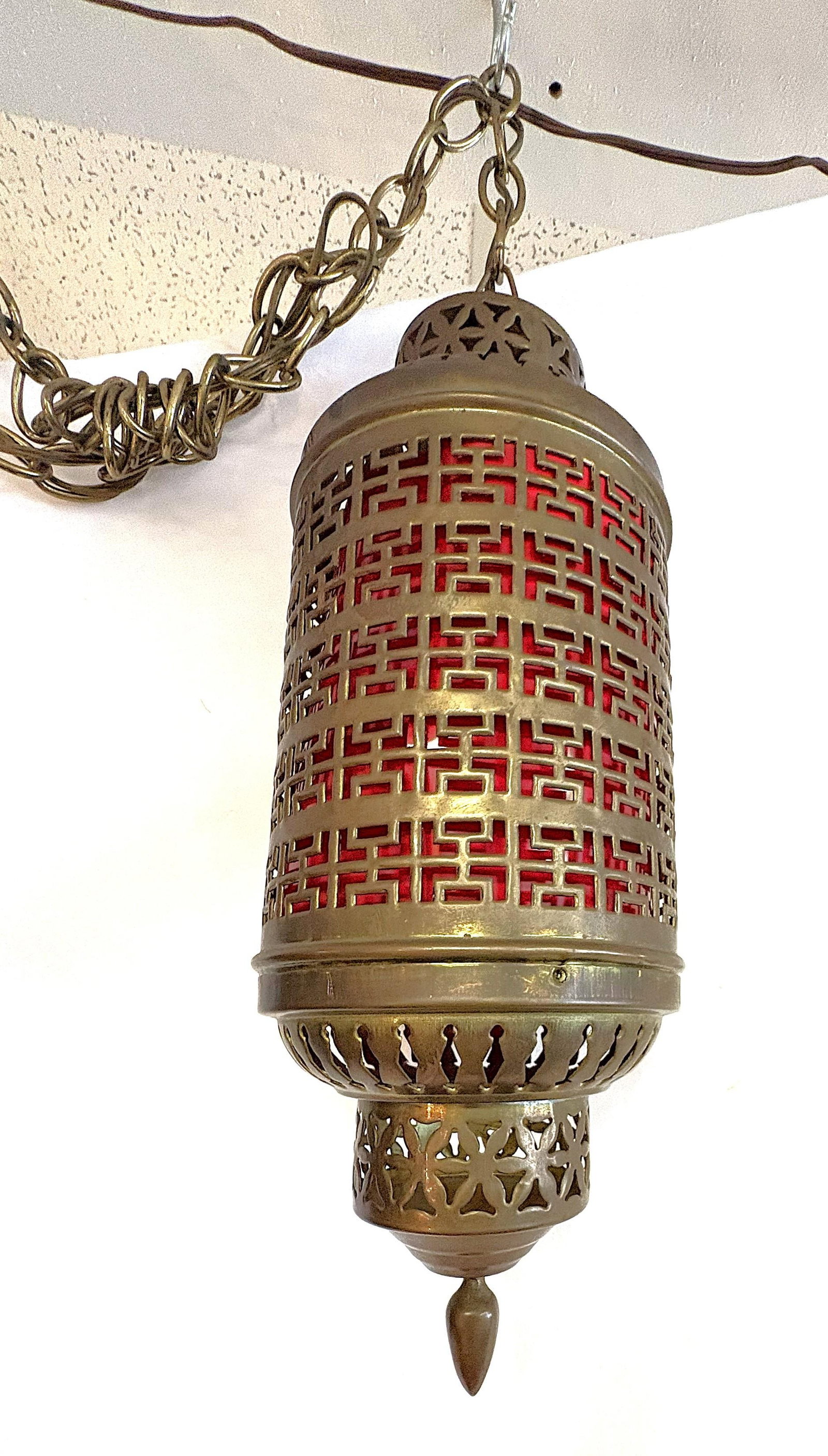 1900's Middle Eastern Hammered & Pierced Brass Swag Electrified Lanterns With Red Liner- A Pair - 4