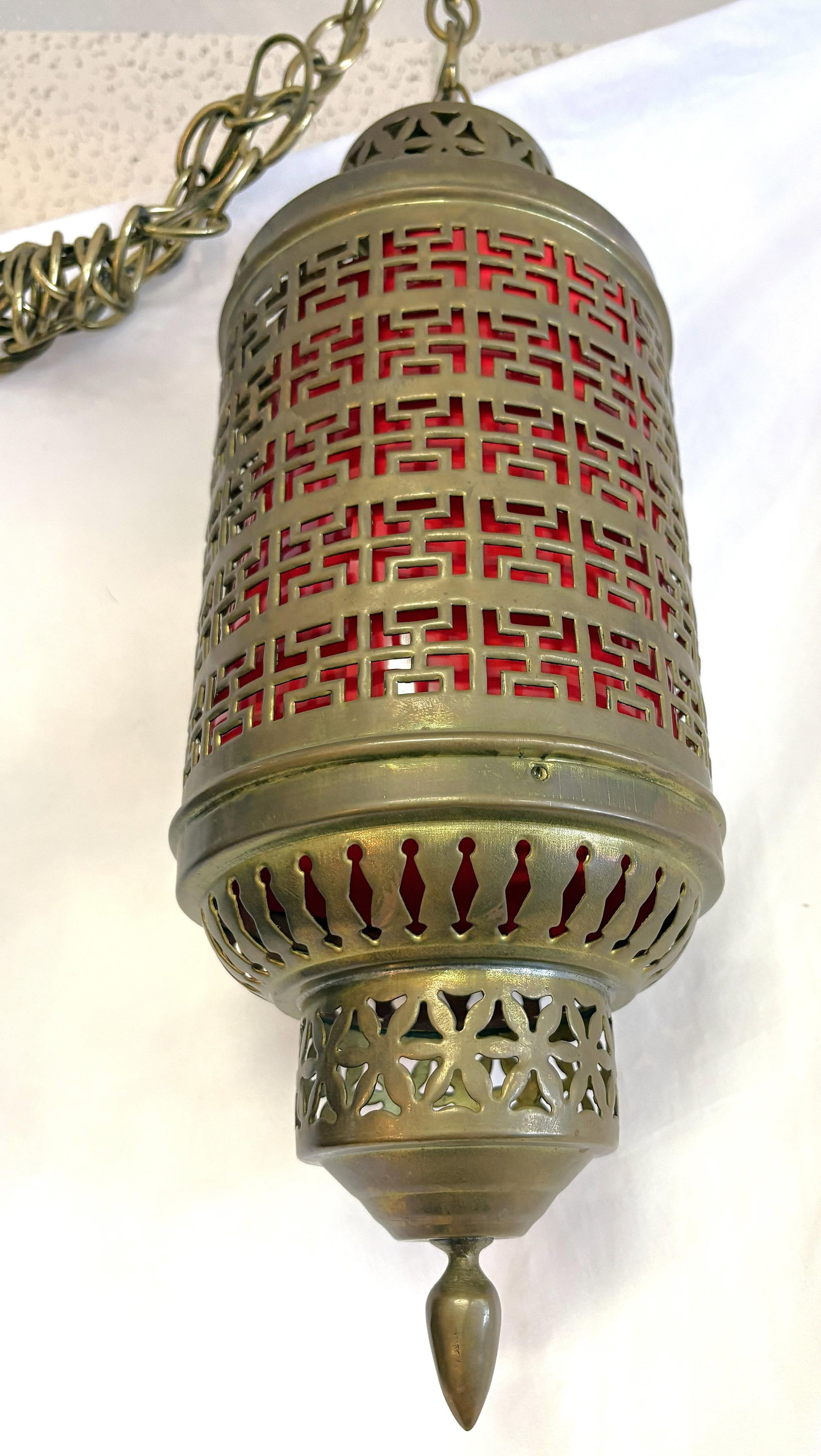 1900's Middle Eastern Hammered & Pierced Brass Swag Electrified Lanterns With Red Liner- A Pair - 5