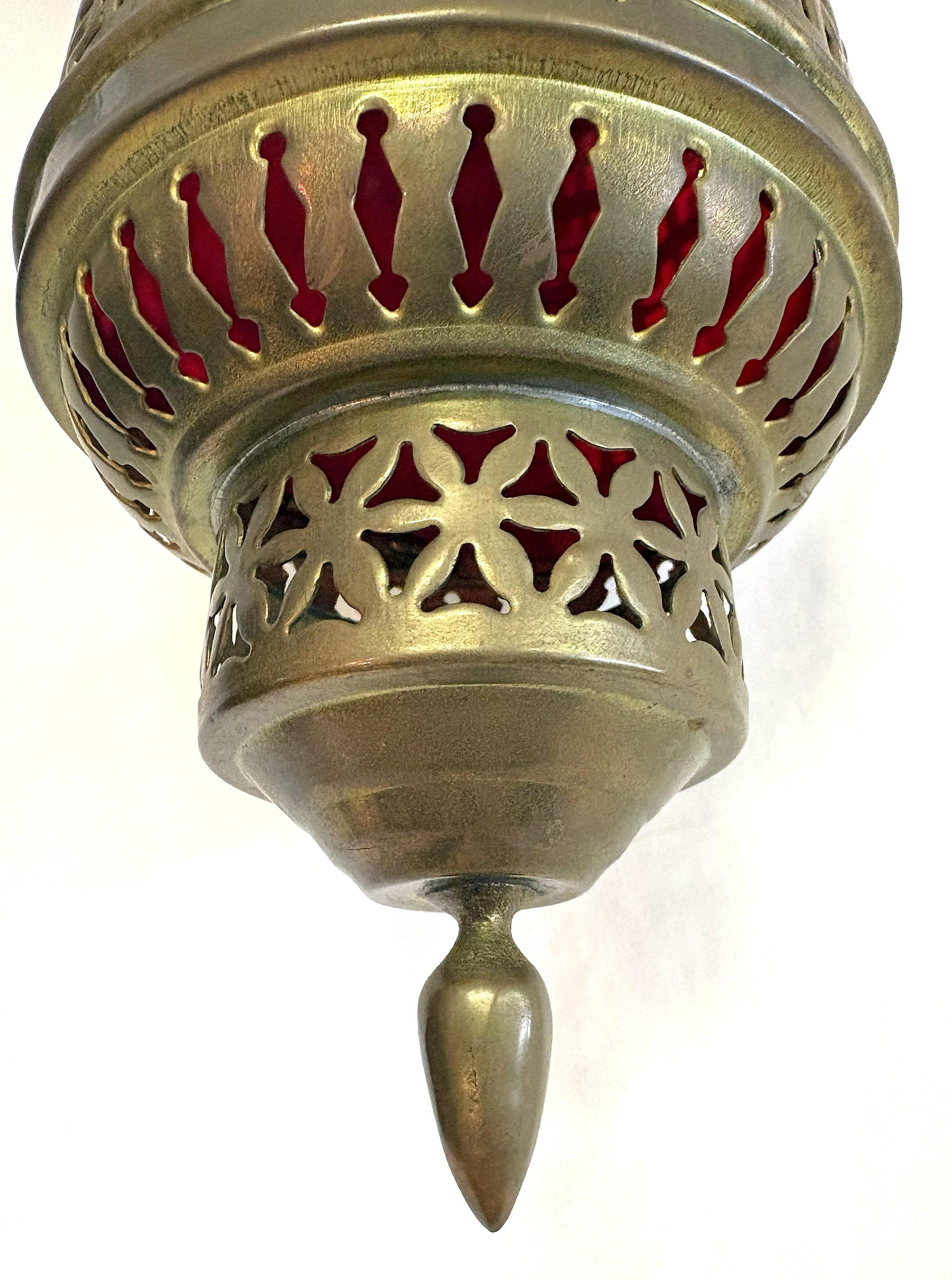 1900's Middle Eastern Hammered & Pierced Brass Swag Electrified Lanterns With Red Liner- A Pair - 6