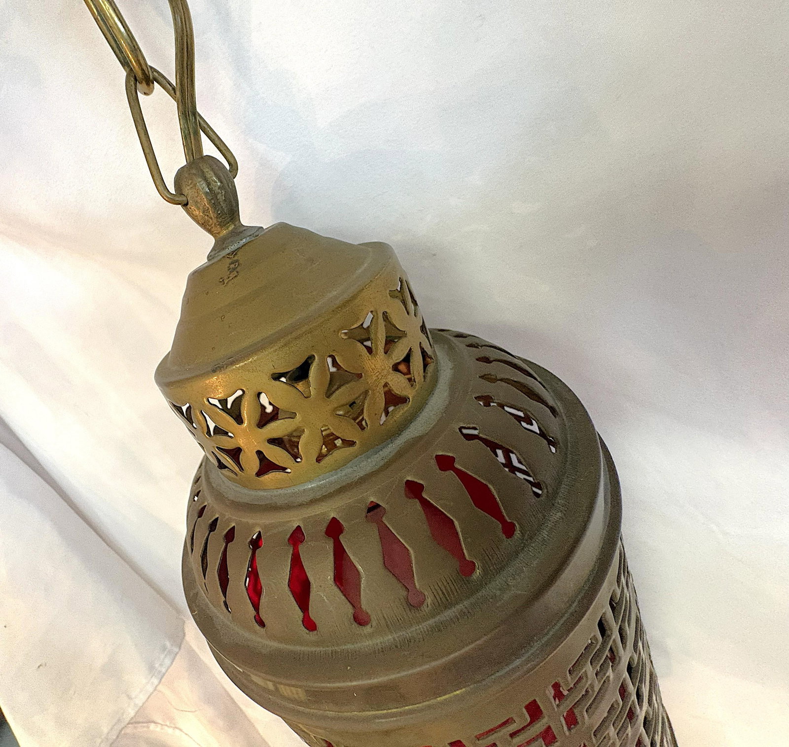 1900's Middle Eastern Hammered & Pierced Brass Swag Electrified Lanterns With Red Liner- A Pair - 7