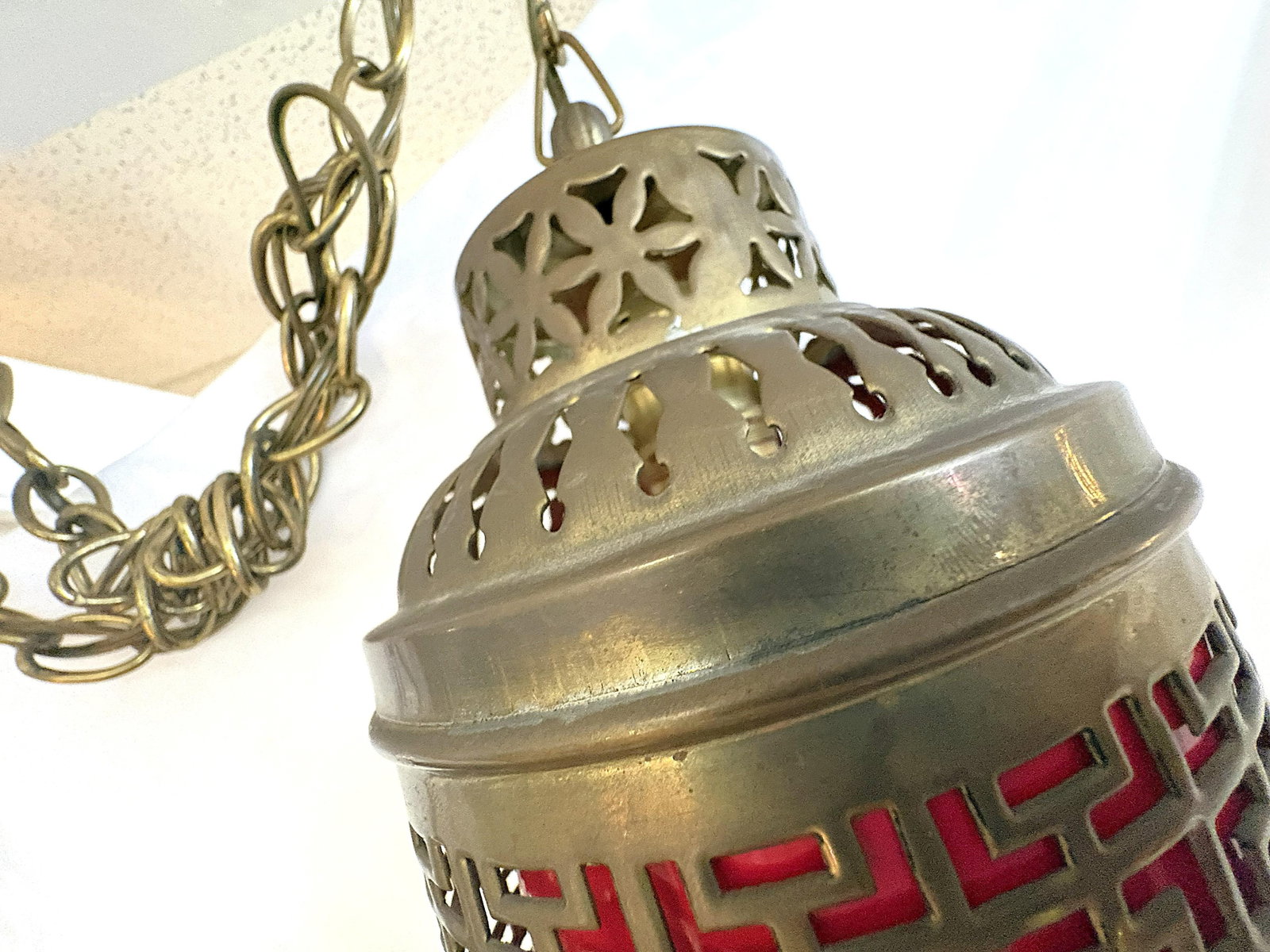 1900's Middle Eastern Hammered & Pierced Brass Swag Electrified Lanterns With Red Liner- A Pair - 8