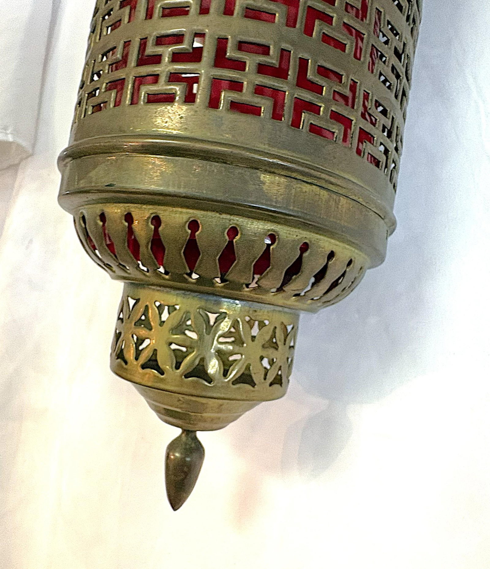 1900's Middle Eastern Hammered & Pierced Brass Swag Electrified Lanterns With Red Liner- A Pair - 9