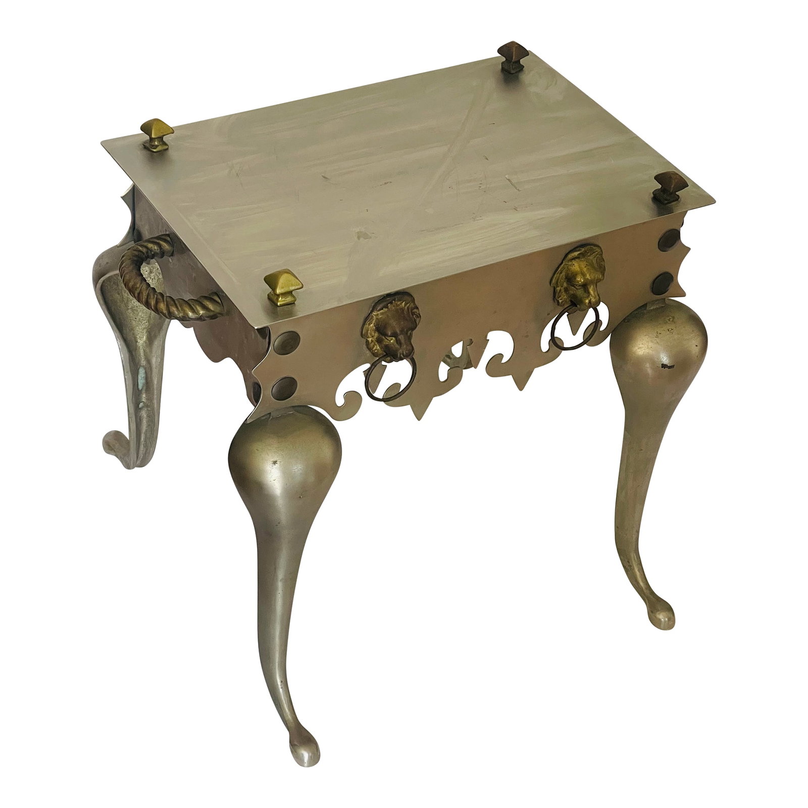 1950s Classic Workshops Ny Metal Side Table: Unique design by Classic Workshops NY - stainless steel small side table decorated with brass handles and lion heads, Condition: Alterations: Original Condition Unaltered Imperfections: Some