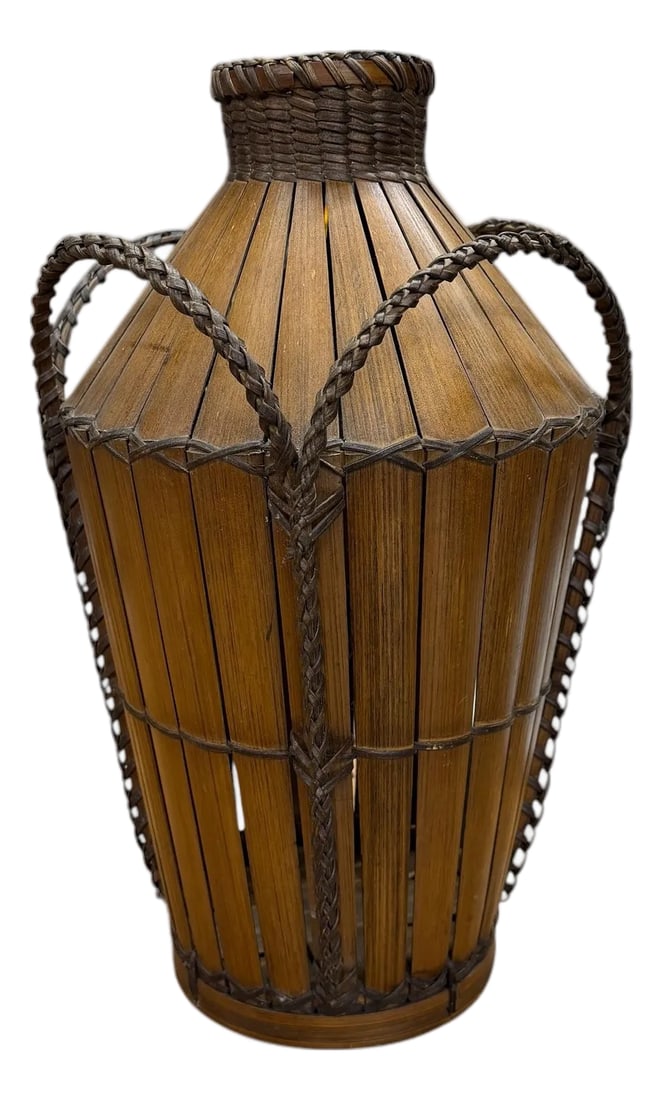 Vintage Japanese Hand Woven Bamboo Cormorant Fishing Basket: This is a vintage Japanese hand-woven bamboo cormorant fishing basket, traditionally used to store fish caught by trained cormorant birds. Material: Hand-woven bamboo wicker with a woven handle and