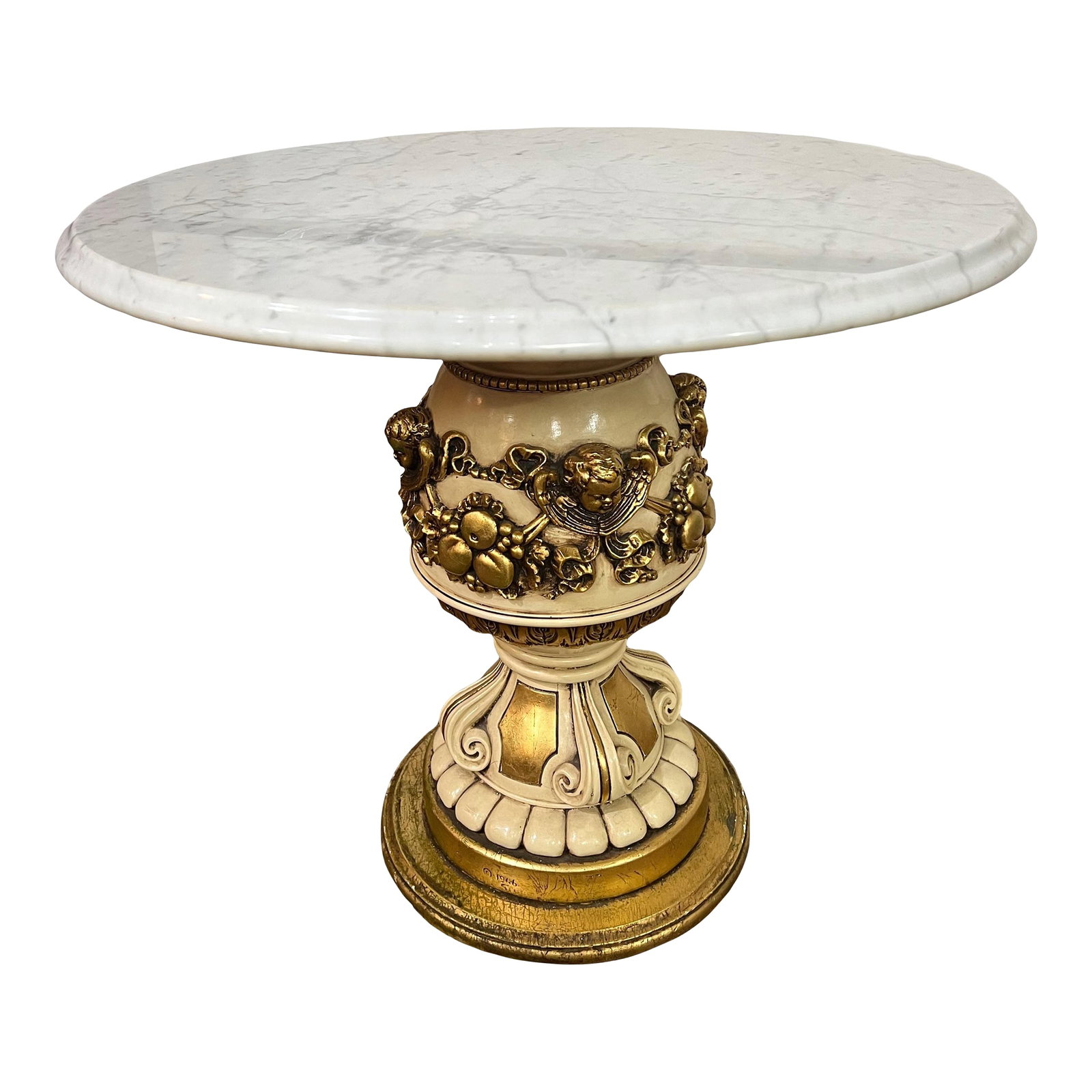 1966 Fuggiti Studios Cherub Hollywood Regency Marble Stands Set: A pair of signed 1966 Fugitti Studios Column style cherub marble top side tables. Beautiful design in Hollywood Regency flair! Set of 2 These are in good condition slight signs of wear on the bottom