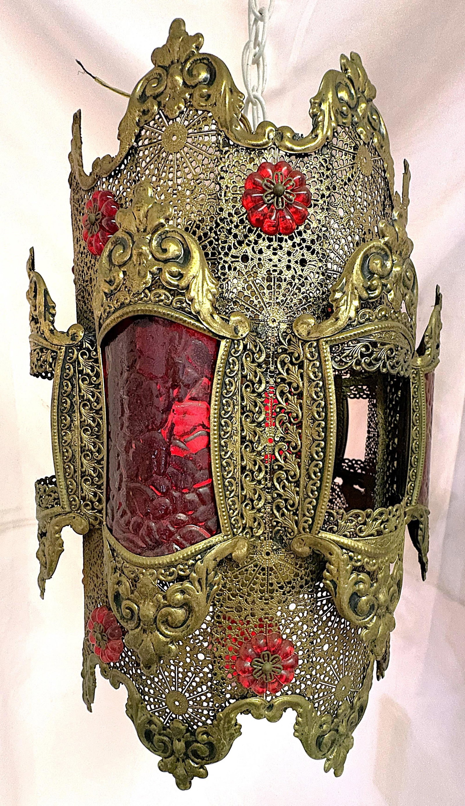 1970's Middle Eastern Hand Cut and Pierced Brass Pendant Lantern With Red Accents - 10