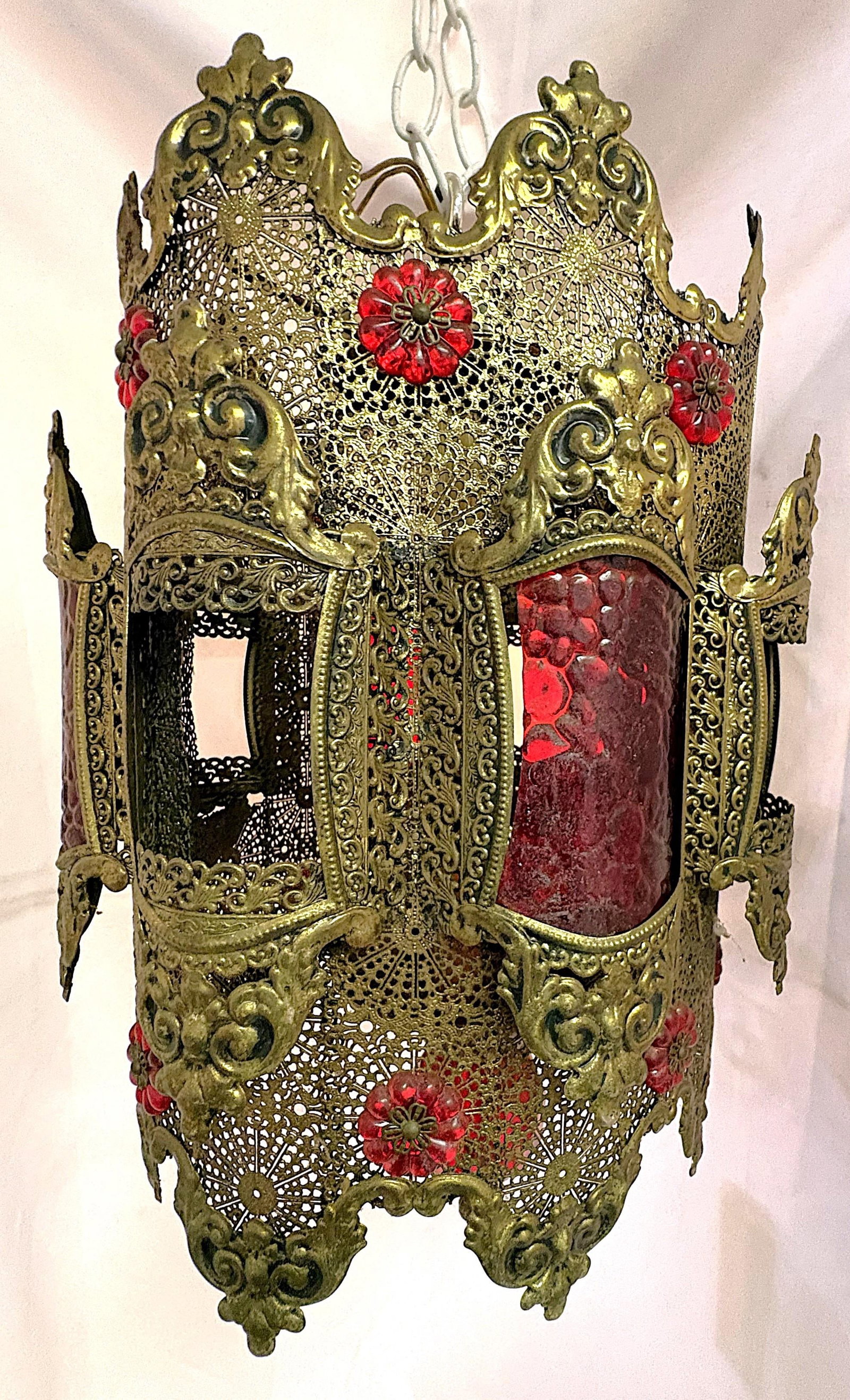 1970's Middle Eastern Hand Cut and Pierced Brass Pendant Lantern With Red Accents - 11