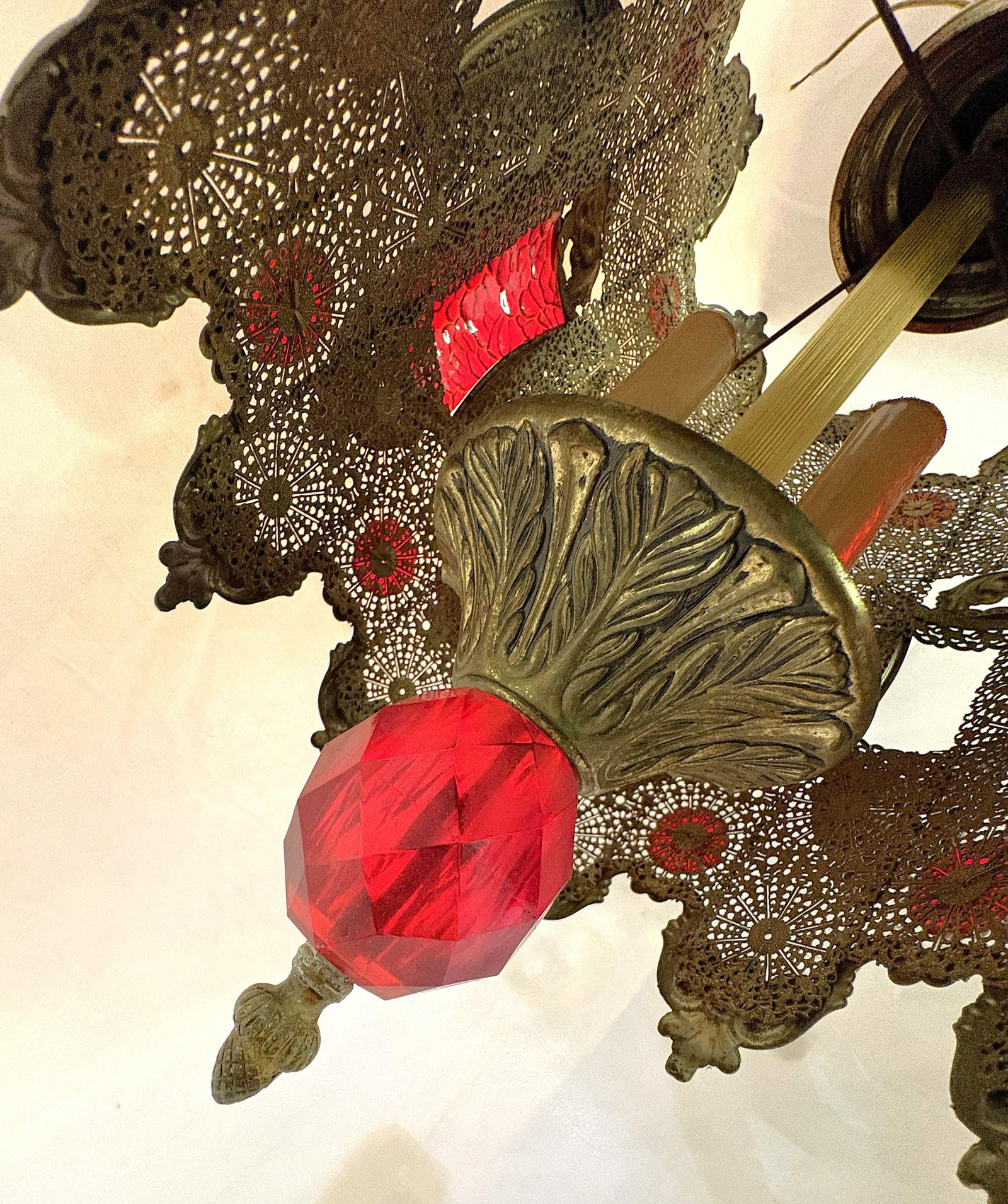 1970's Middle Eastern Hand Cut and Pierced Brass Pendant Lantern With Red Accents - 12