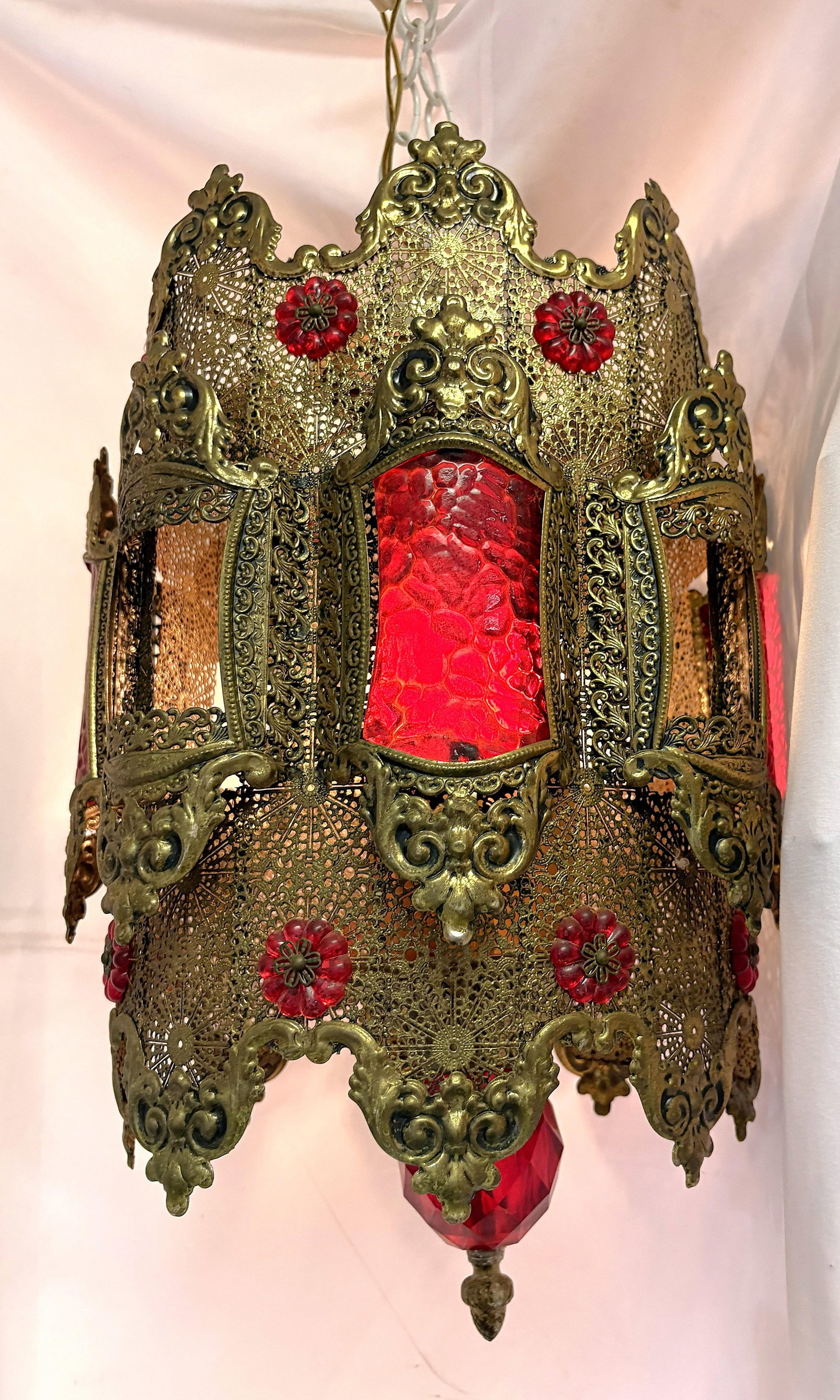 1970's Middle Eastern Hand Cut and Pierced Brass Pendant Lantern With Red Accents - 13