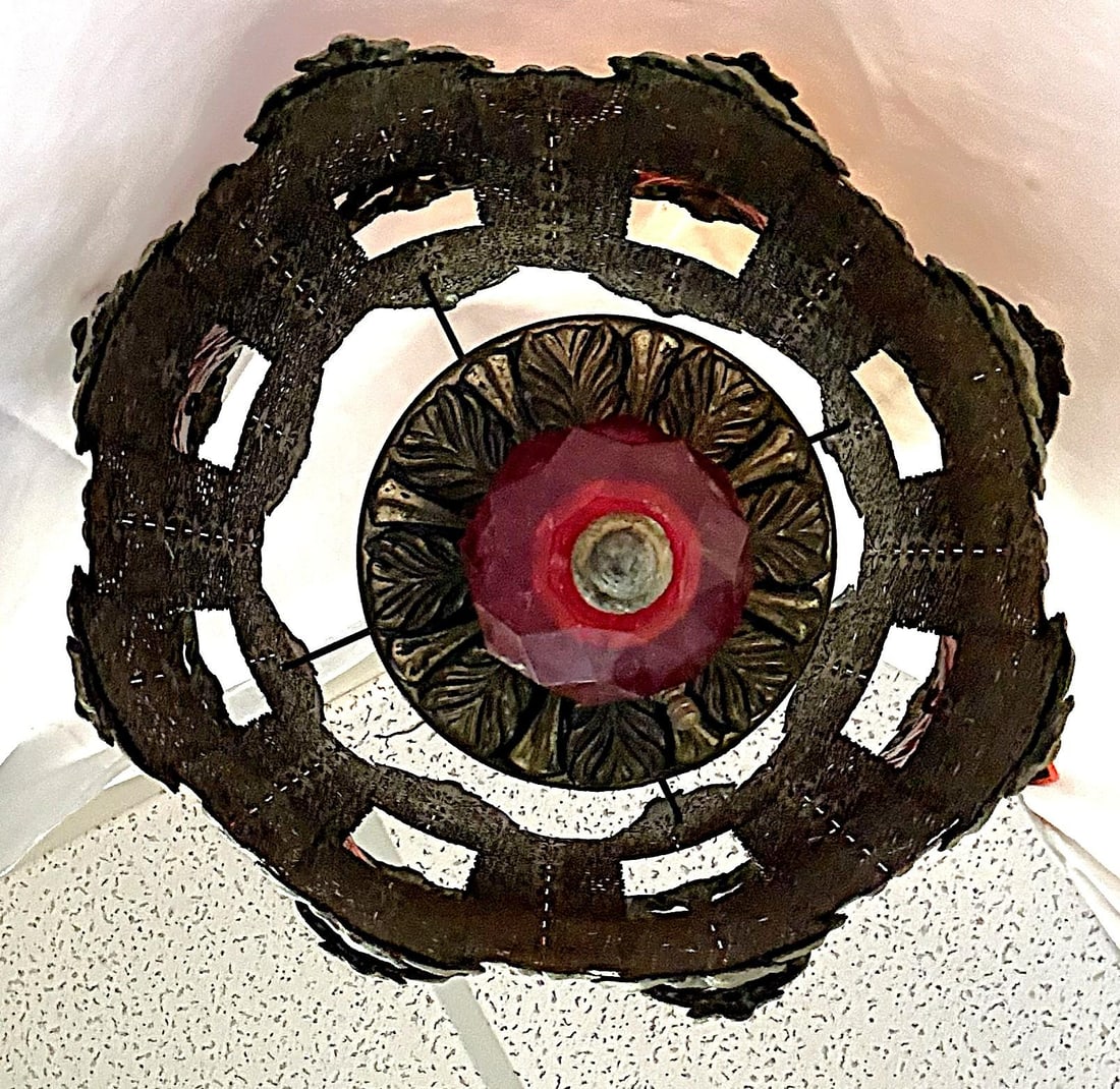 1970's Middle Eastern Hand Cut and Pierced Brass Pendant Lantern With Red Accents - 14