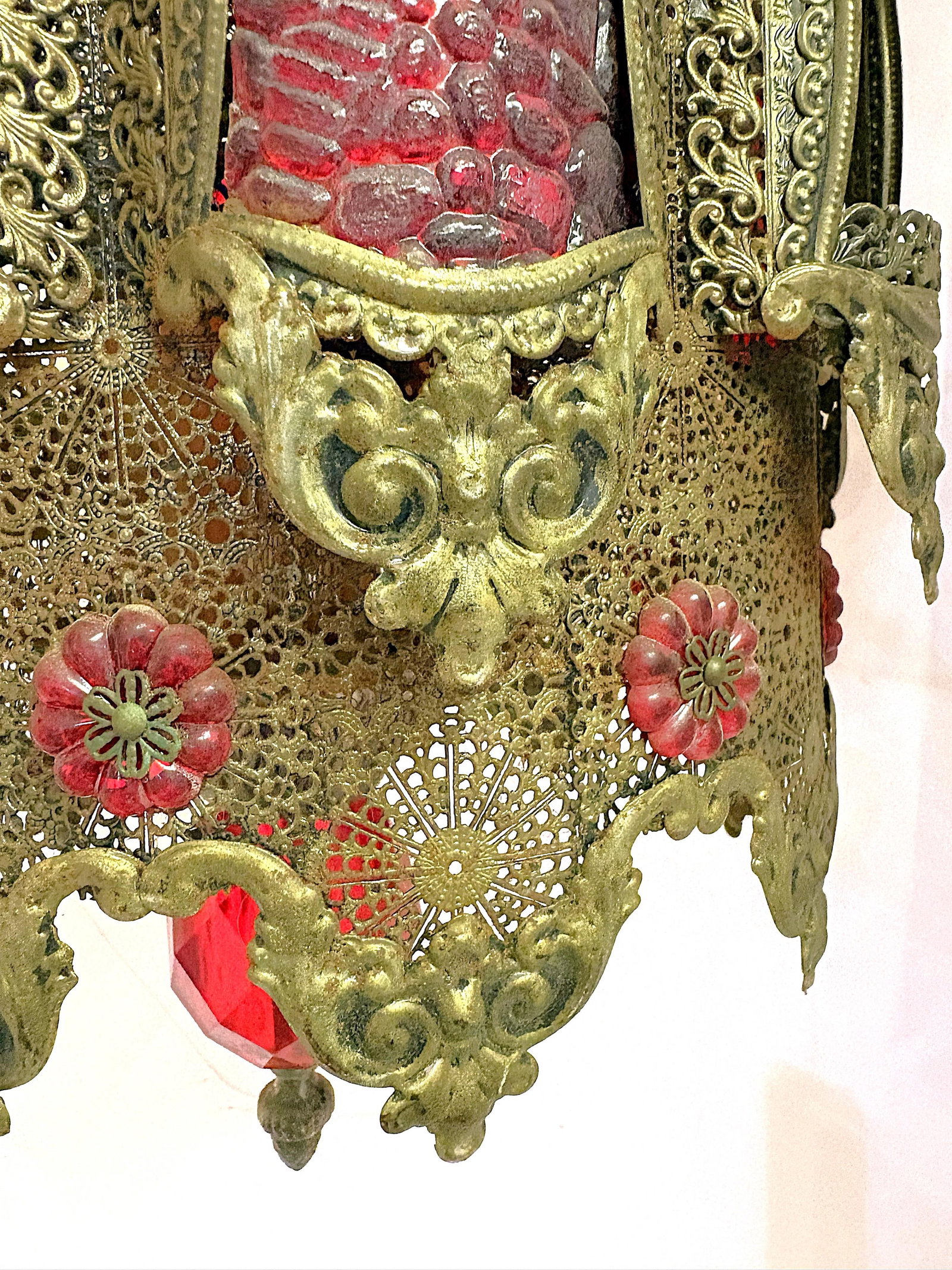 1970's Middle Eastern Hand Cut and Pierced Brass Pendant Lantern With Red Accents - 15