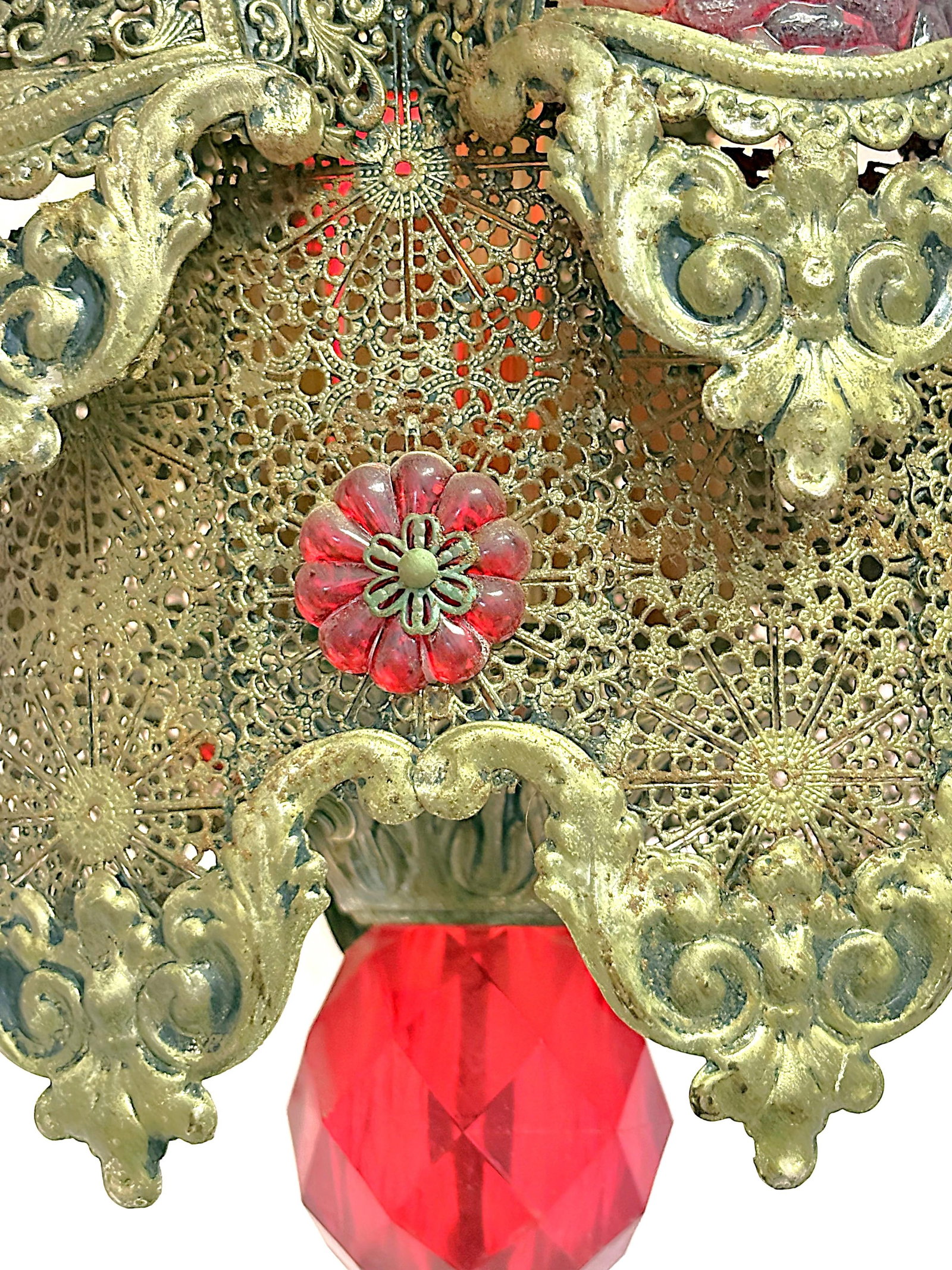 1970's Middle Eastern Hand Cut and Pierced Brass Pendant Lantern With Red Accents - 16